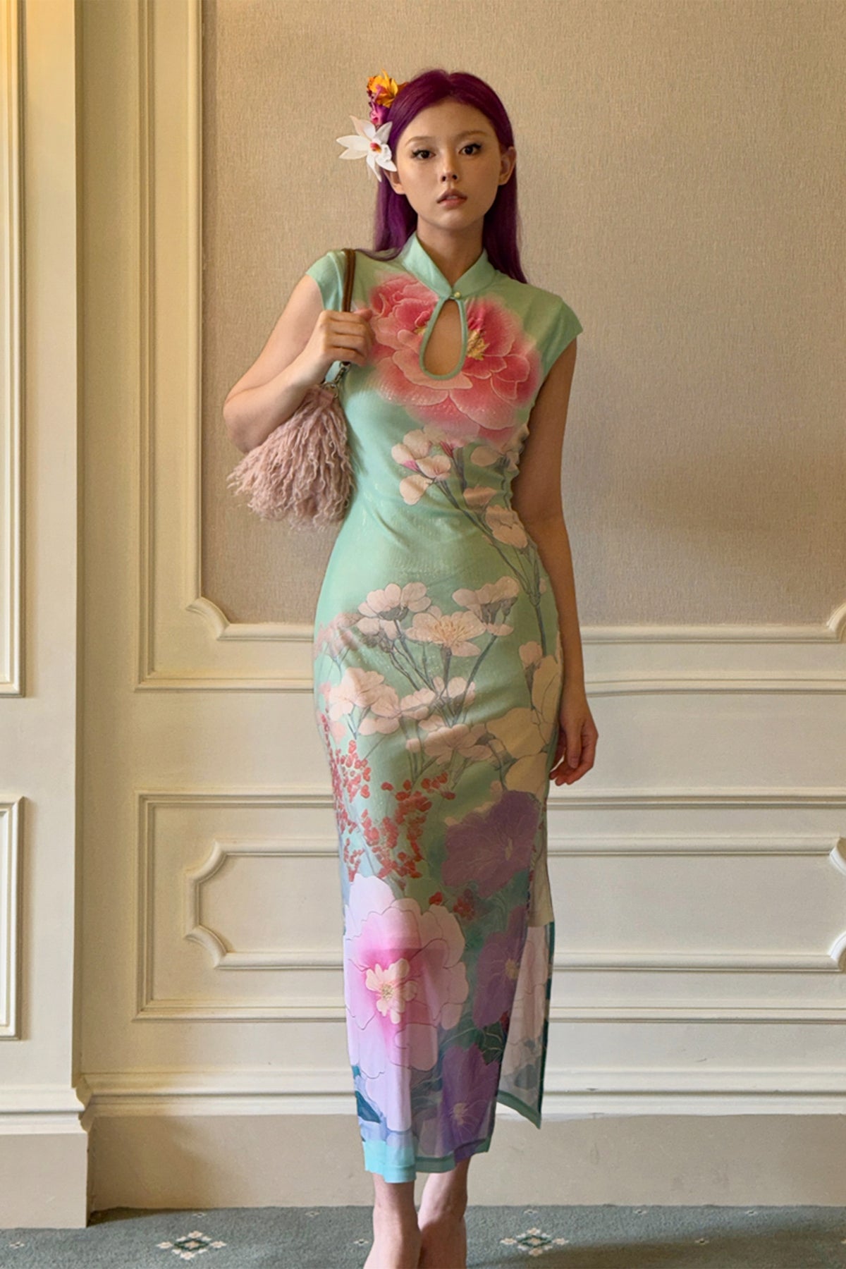 ANNIE ARMOR Peony Print Maxi Qipao Dress