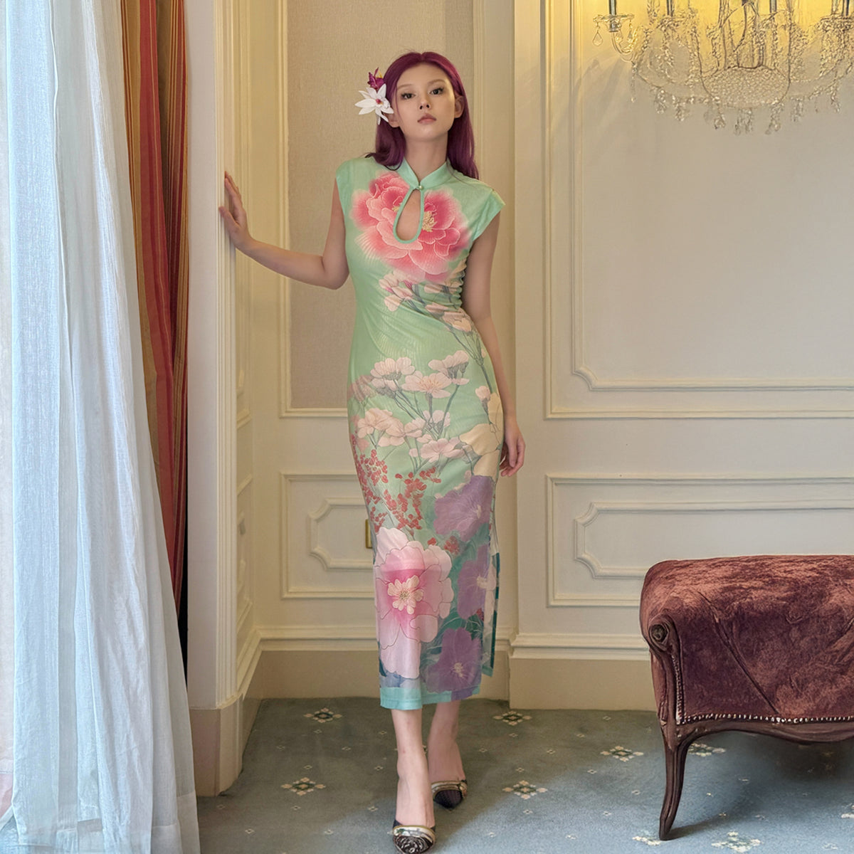 ANNIE ARMOR Peony Print Maxi Qipao Dress