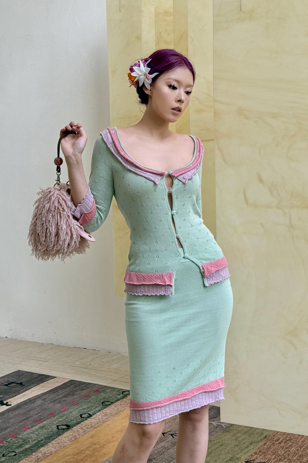 ANNIE ARMOR Contrast Pointelle Ruffle-Trim Cardigan & Skirt Set