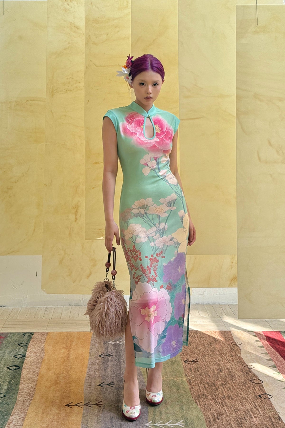 ANNIE ARMOR Peony Print Maxi Qipao Dress