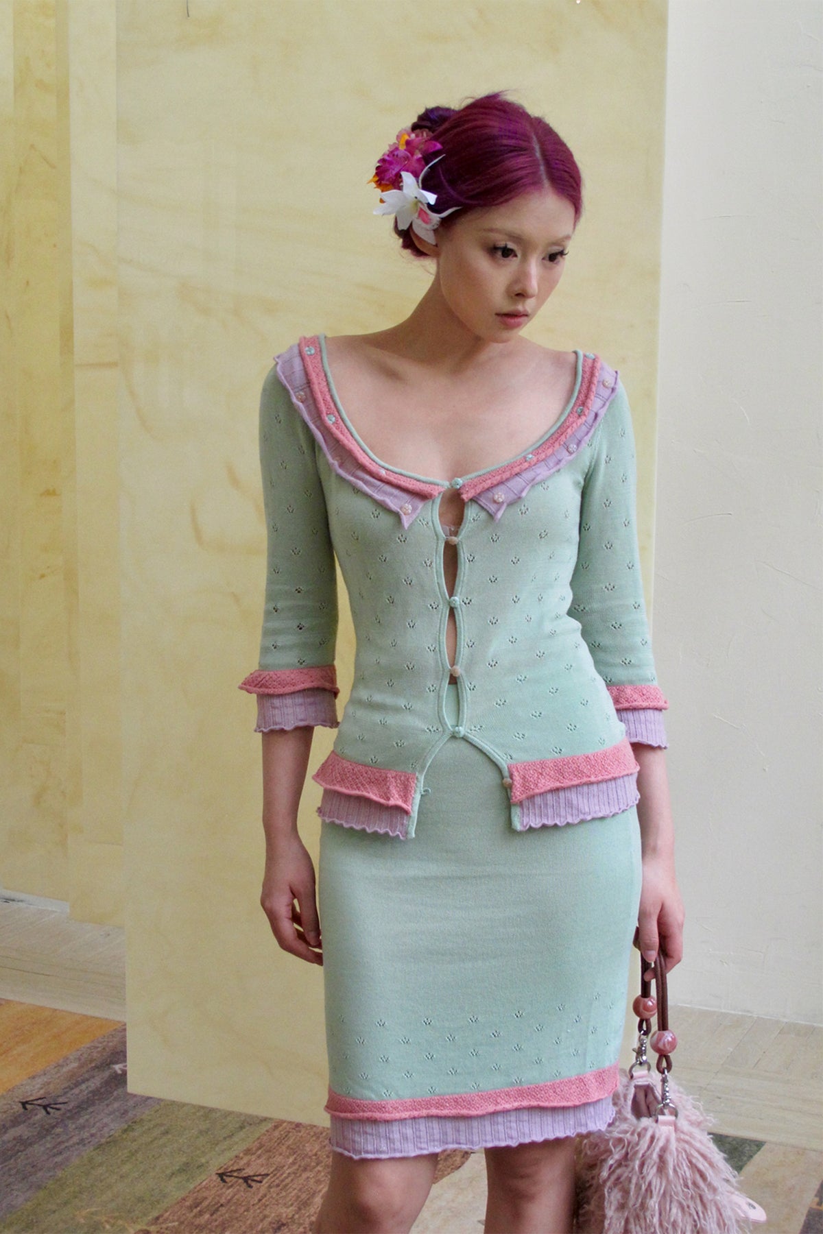 ANNIE ARMOR Contrast Pointelle Ruffle-Trim Cardigan & Skirt Set