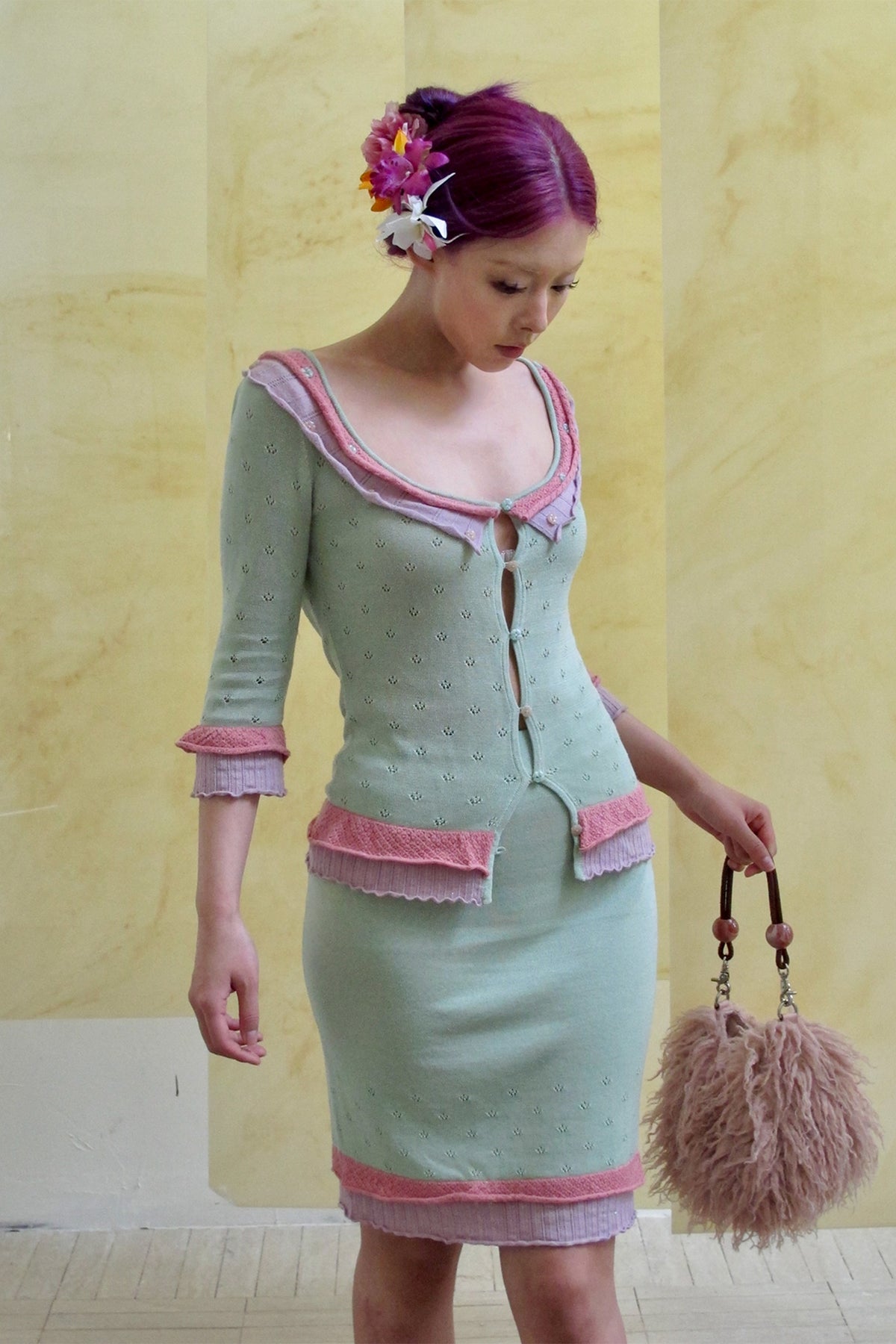 ANNIE ARMOR Contrast Pointelle Ruffle-Trim Cardigan & Skirt Set