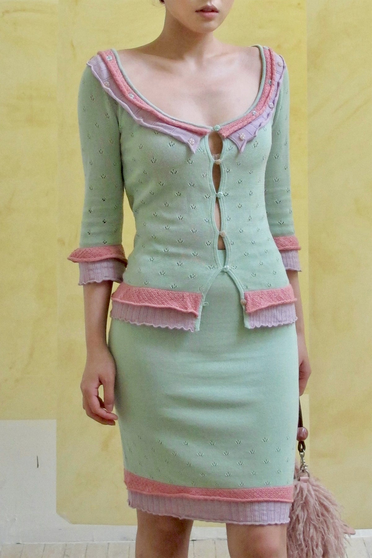 ANNIE ARMOR Contrast Pointelle Ruffle-Trim Cardigan & Skirt Set