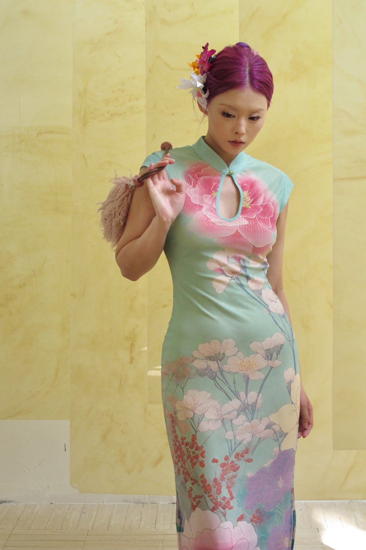 ANNIE ARMOR Peony Print Maxi Qipao Dress