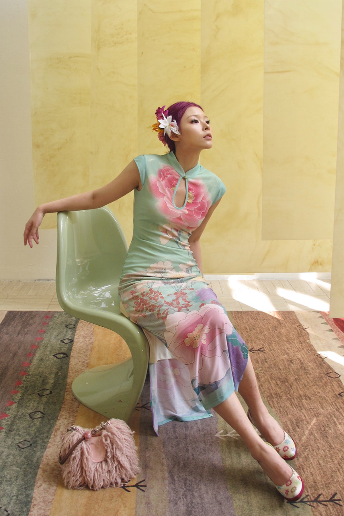 ANNIE ARMOR Peony Print Maxi Qipao Dress