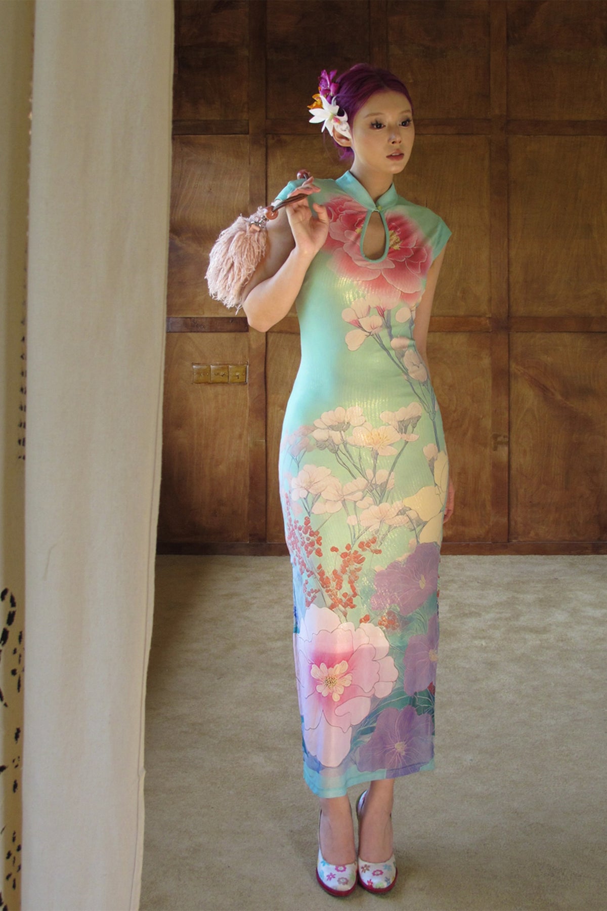 ANNIE ARMOR Peony Print Maxi Qipao Dress
