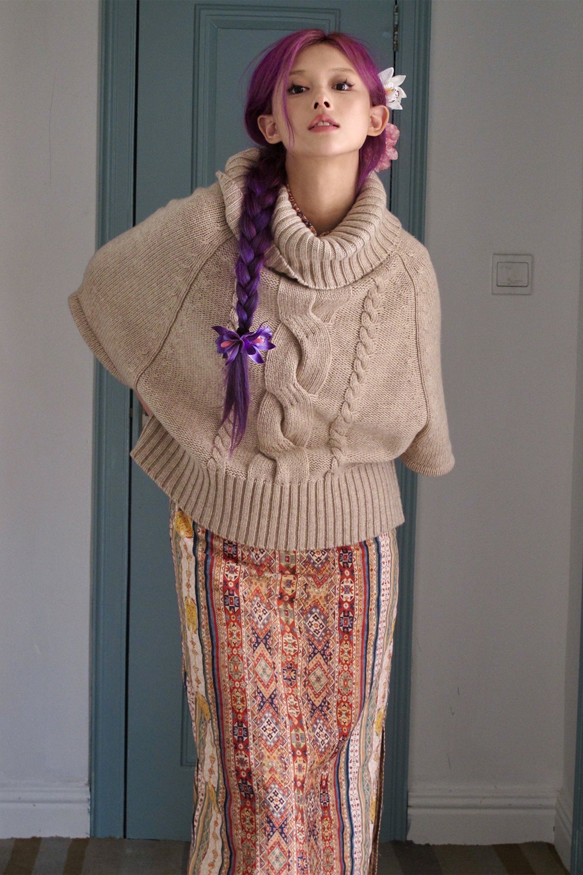 ANNIE ARMOR Cable-Knit Merino Wool Oversized Cape Sweater