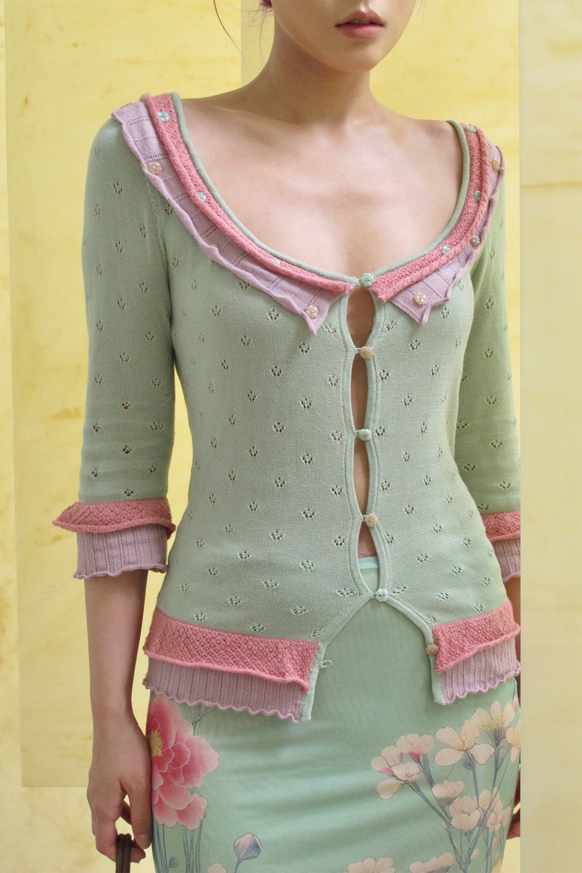 ANNIE ARMOR Contrast Pointelle Ruffle-Trim Cardigan & Skirt Set