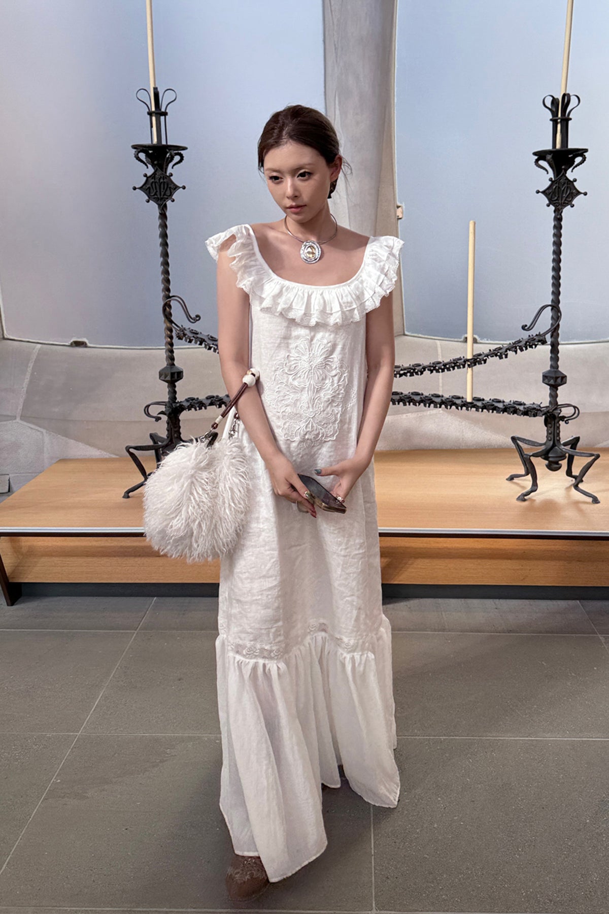 ANNIE ARMOR Embroidered Lace-Paneled Maxi Dress