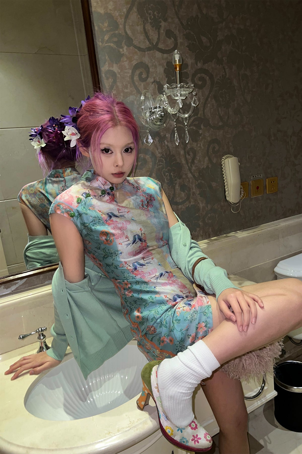 ANNIE ARMOR Floral Graphic Qipao-Inspired Mini Dress