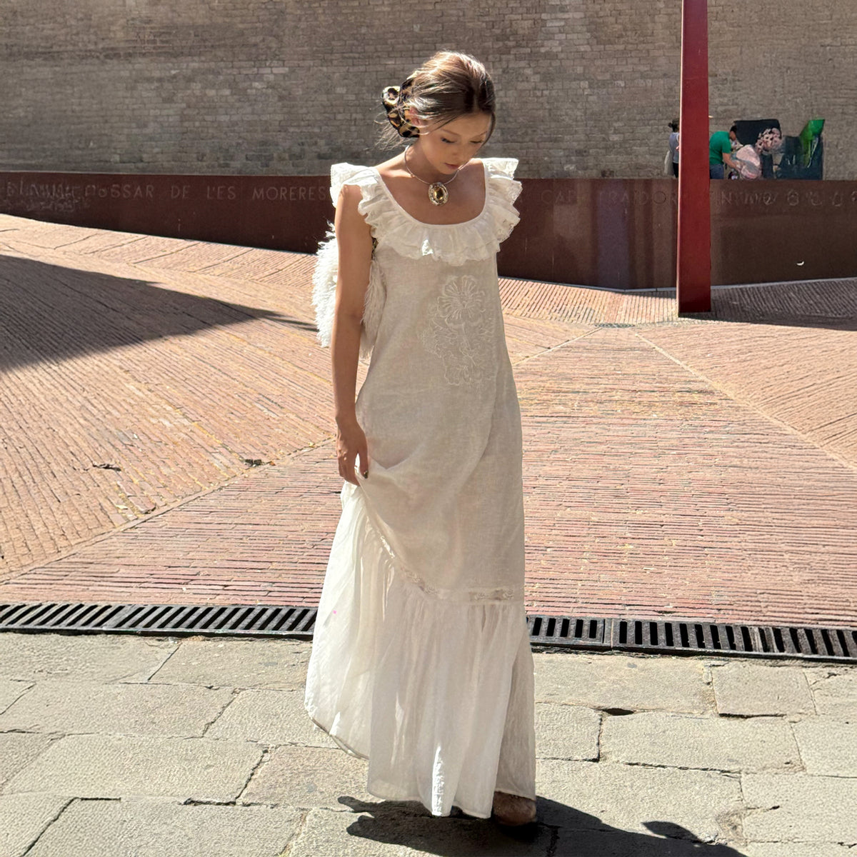 ANNIE ARMOR Embroidered Lace-Paneled Maxi Dress