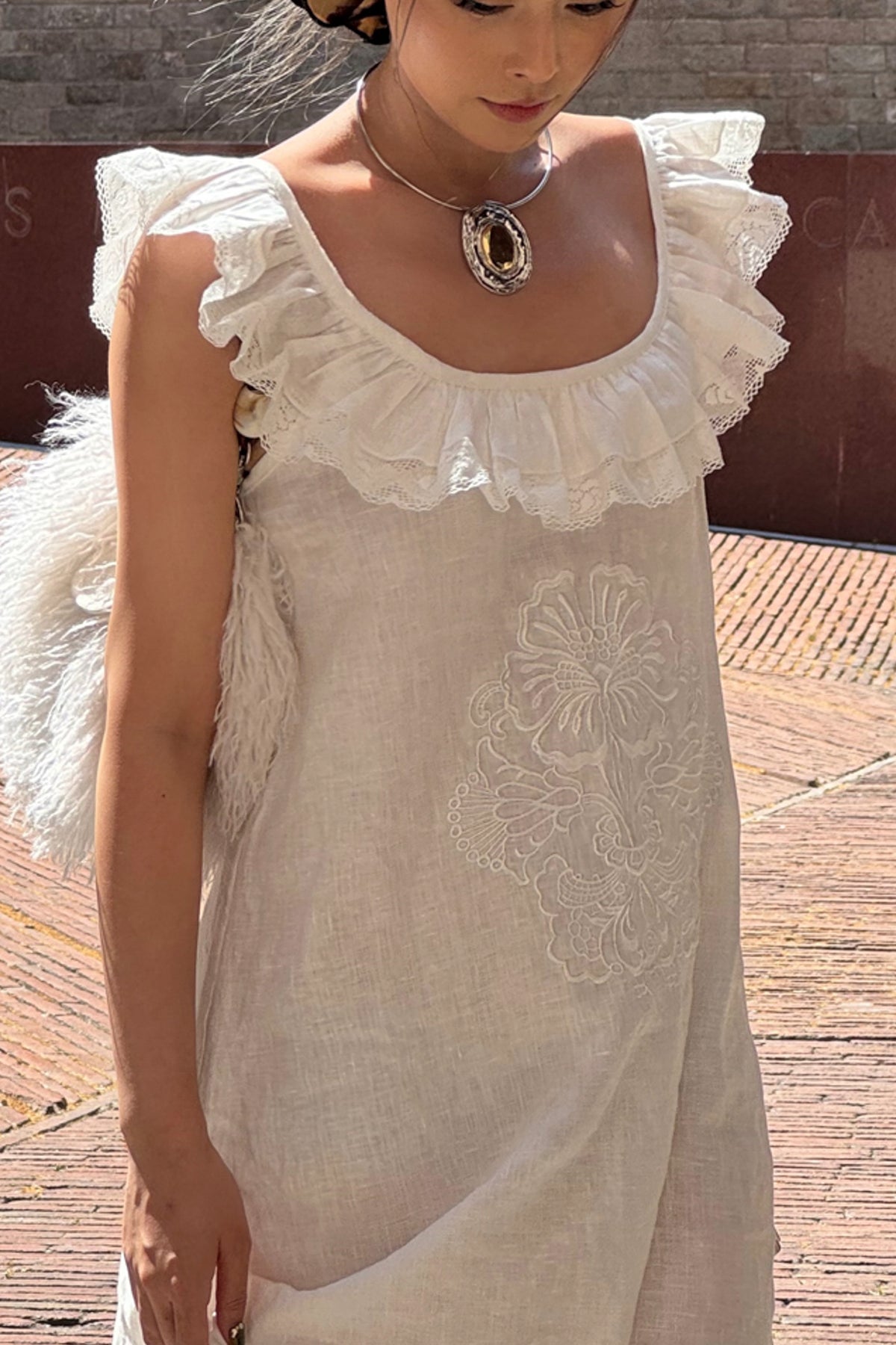 ANNIE ARMOR Embroidered Lace-Paneled Maxi Dress