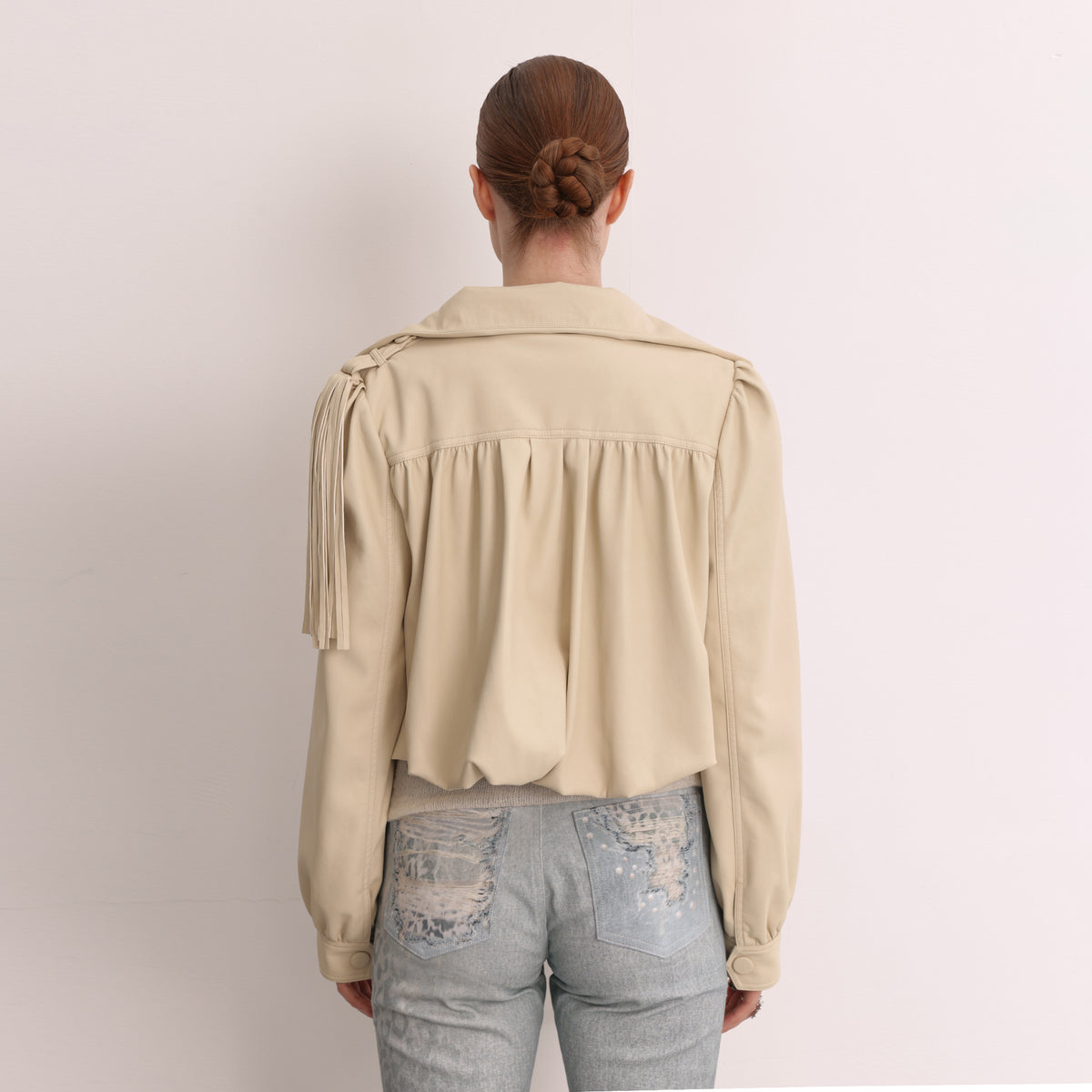 FAYCHUI Faux Leather Ruched Fringe High-Neck Slim Jacket