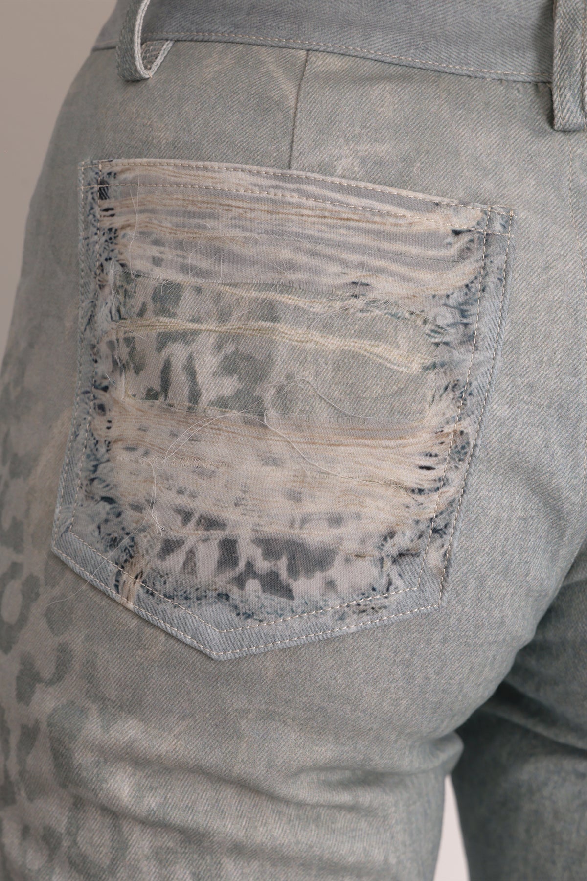 FAYCHUI Washed Leopard Distressed Mesh-Overlay Flared Jeans