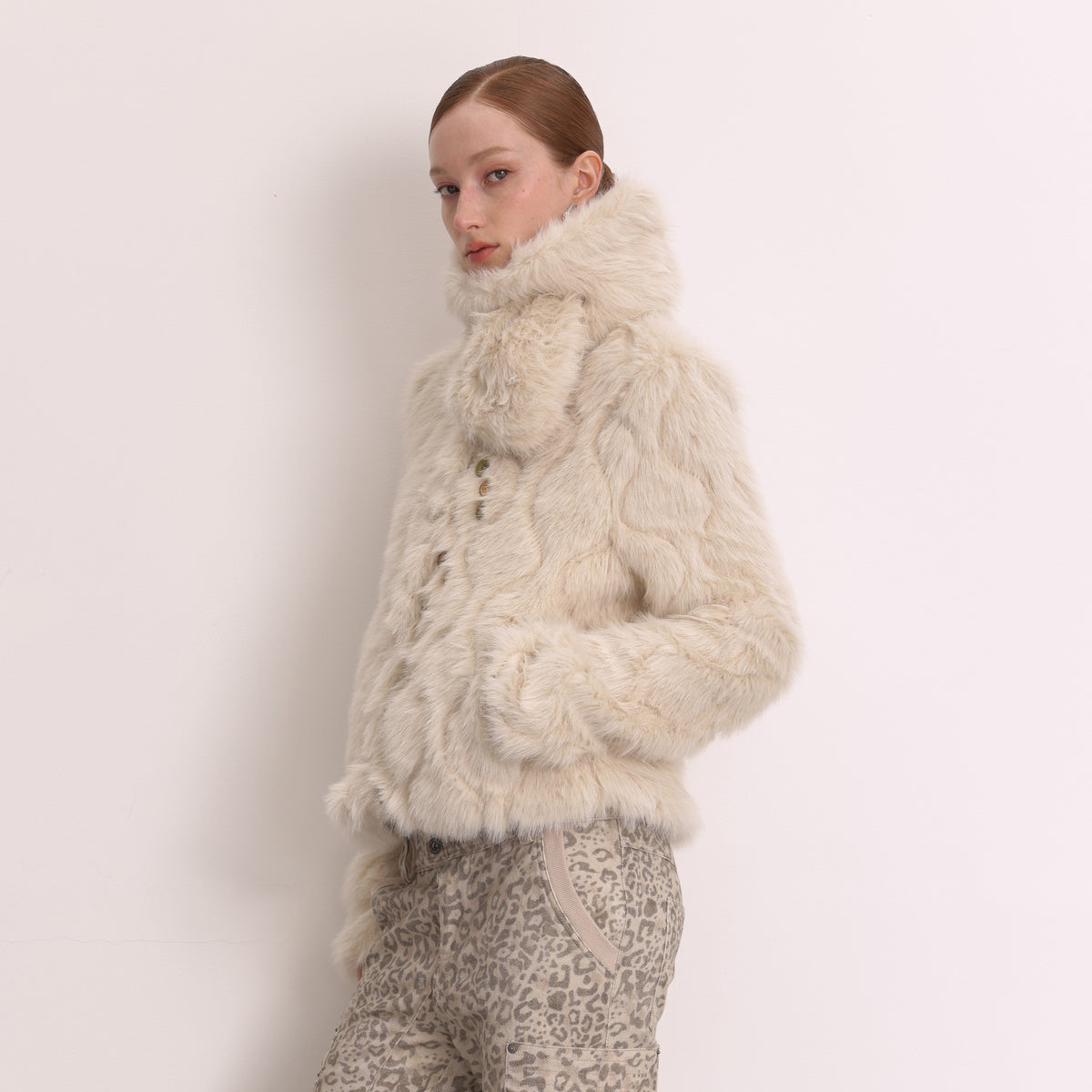 FAYCHUI Multi-Button Embossed Faux Fur Jacket