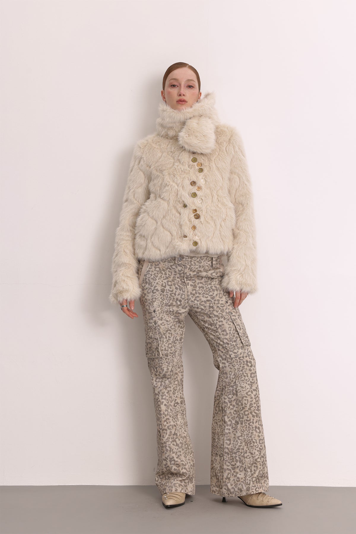 FAYCHUI Multi-Button Embossed Faux Fur Jacket