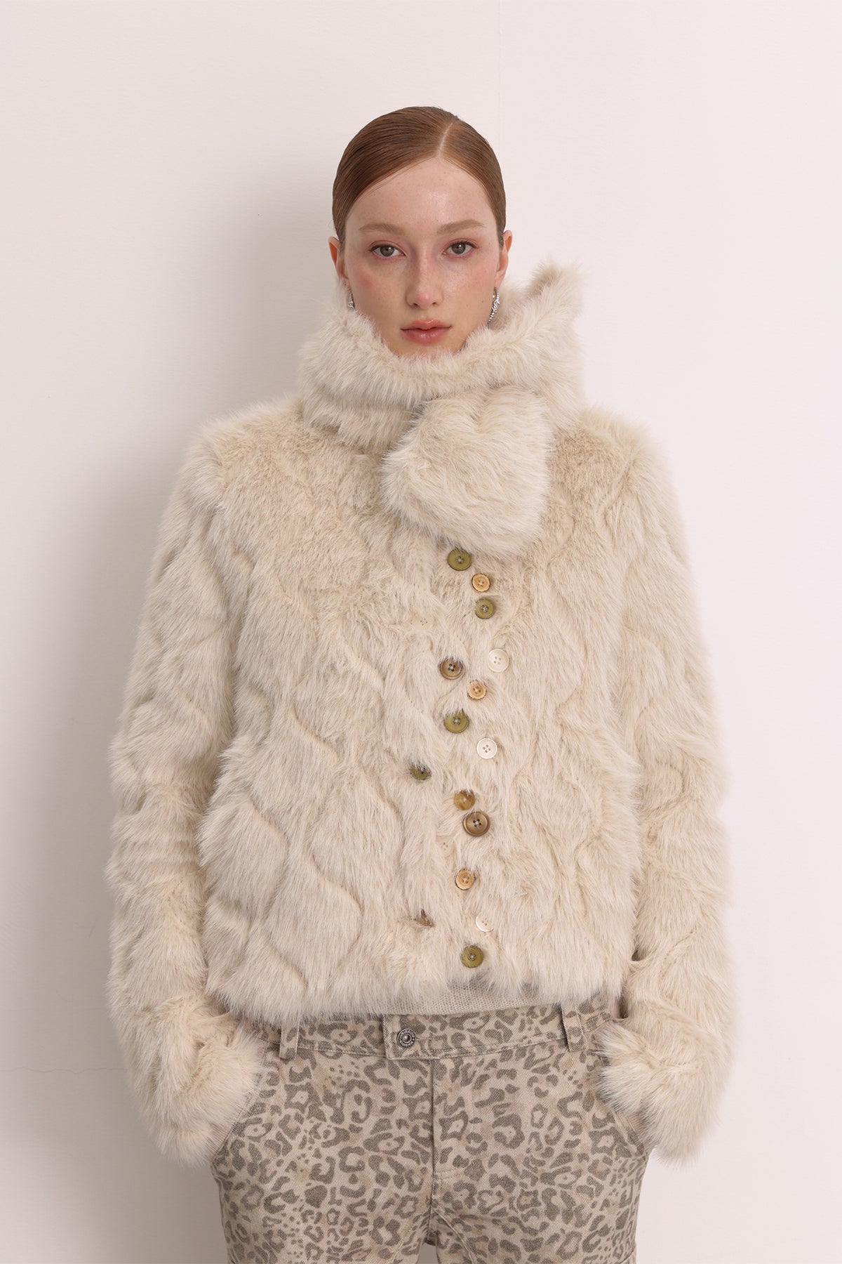 FAYCHUI Multi-Button Embossed Faux Fur Jacket