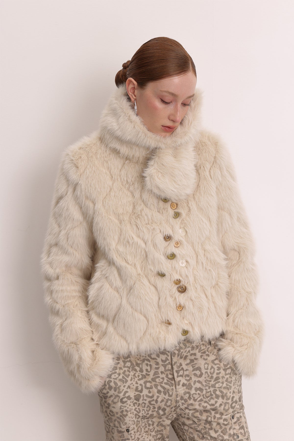 FAYCHUI Multi-Button Embossed Faux Fur Jacket