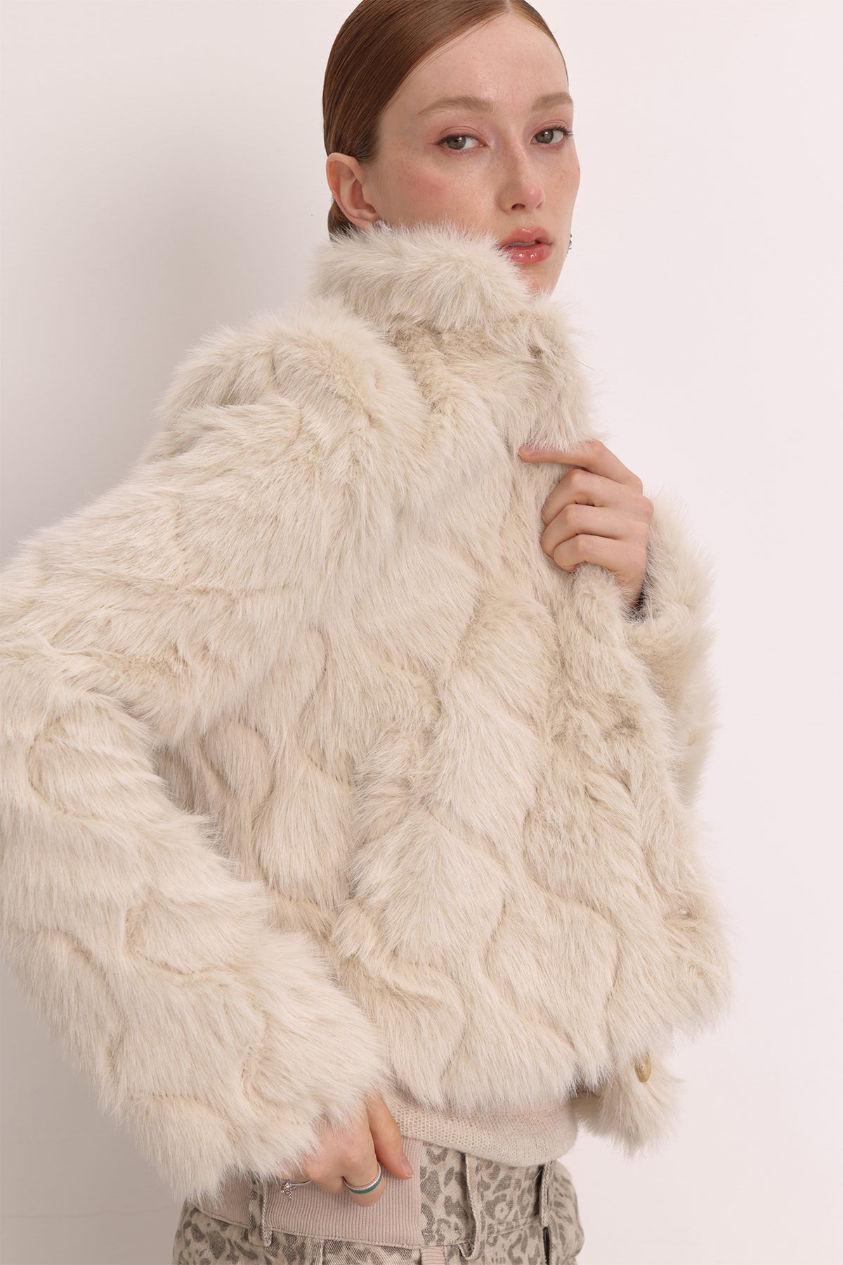 FAYCHUI Multi-Button Embossed Faux Fur Jacket