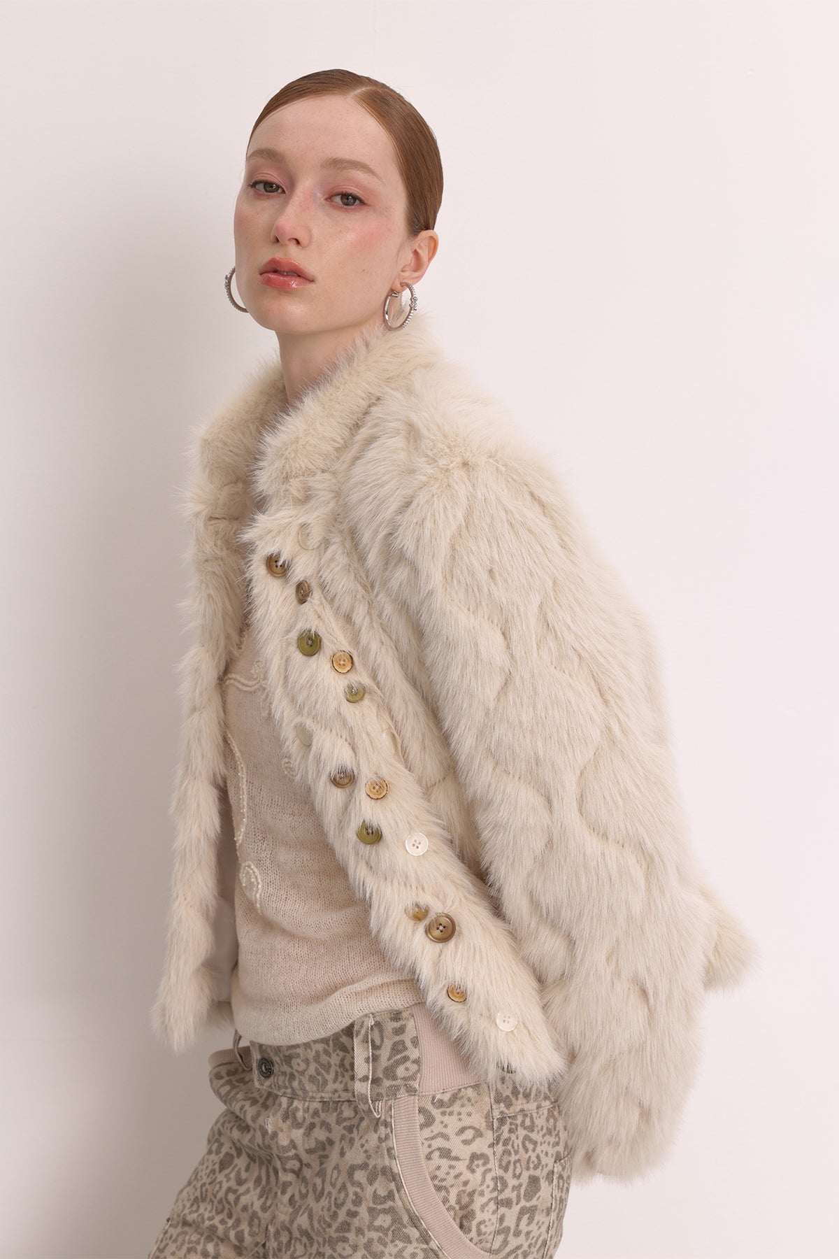 FAYCHUI Multi-Button Embossed Faux Fur Jacket