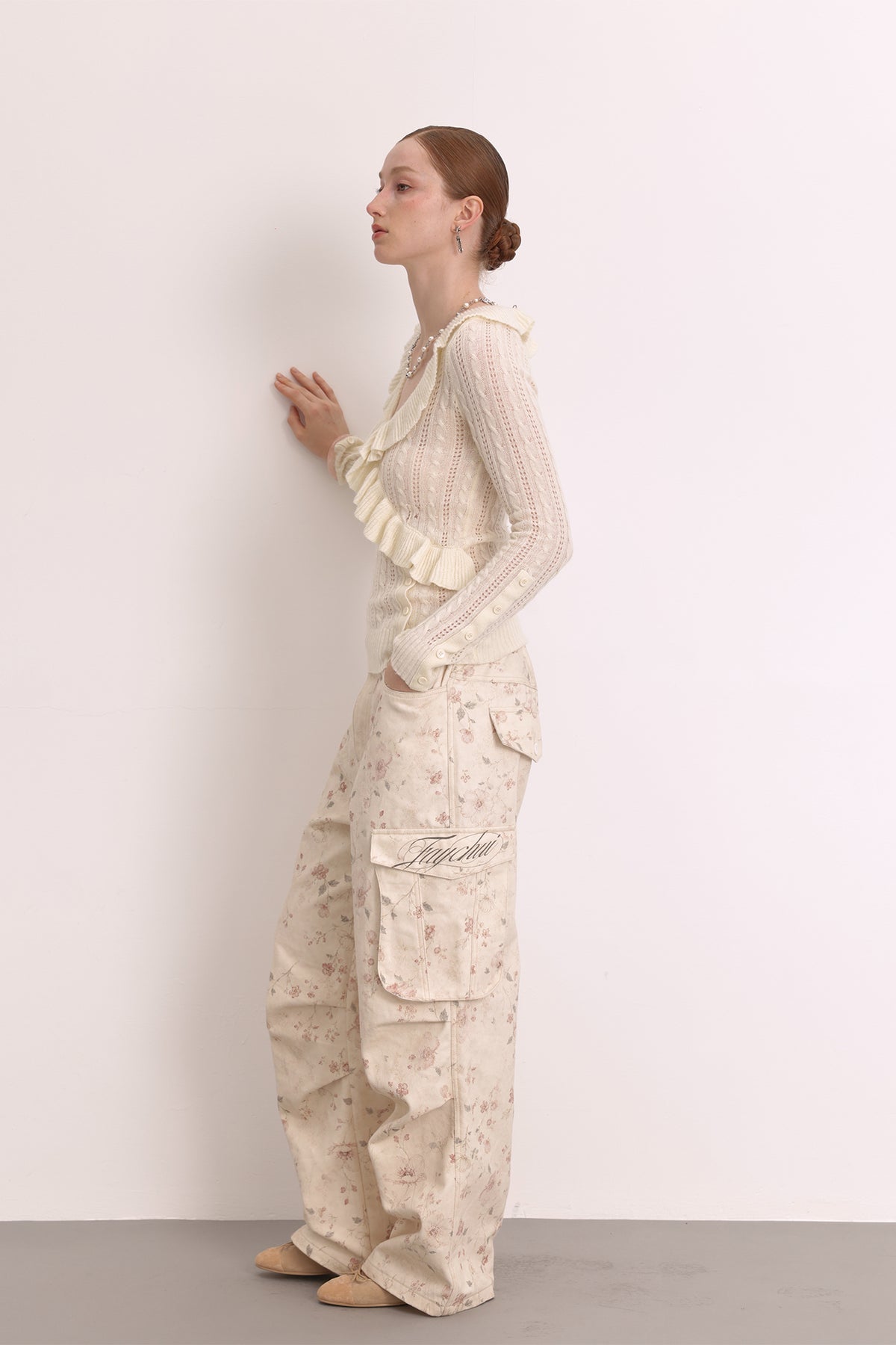 FAYCHUI Cable-Knit Cut-Out Ruffle-Hem Slim Sweater