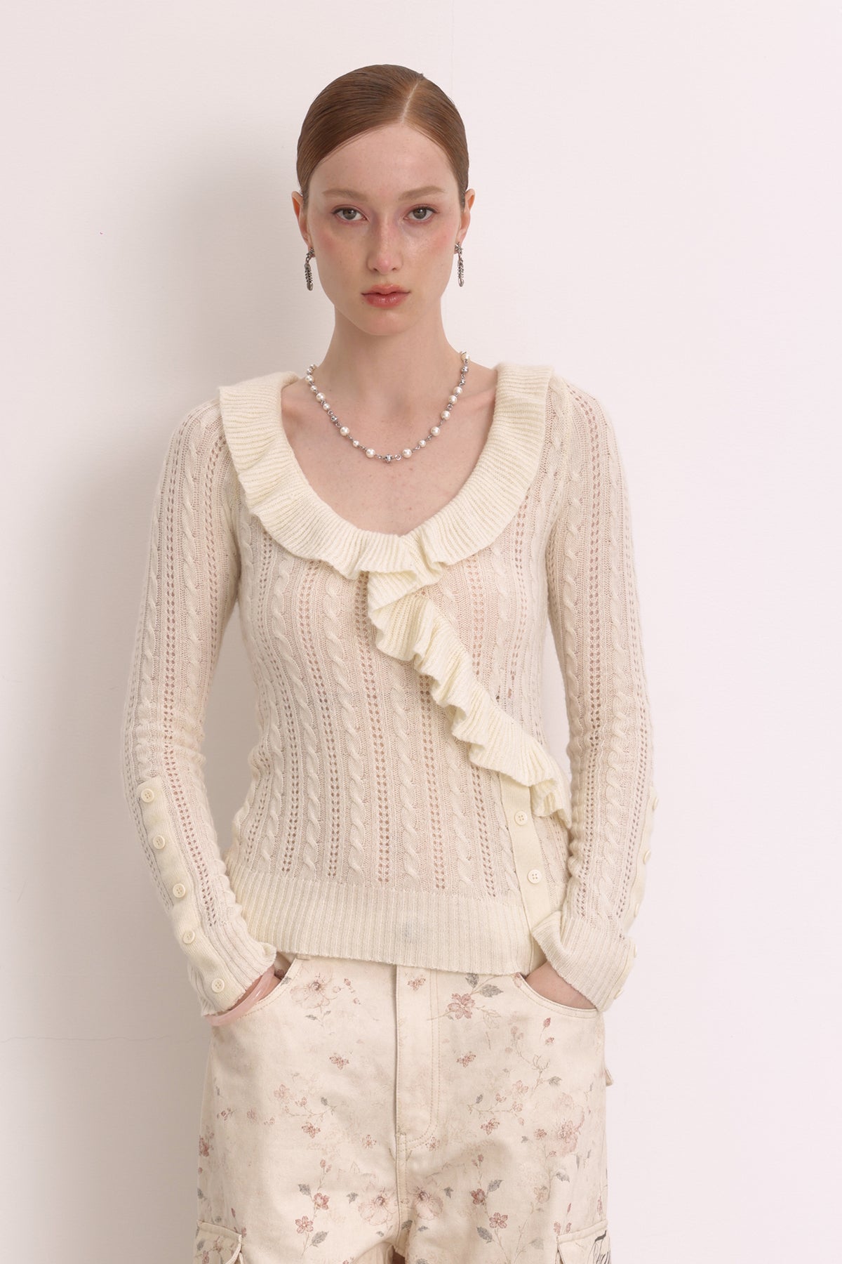 FAYCHUI Cable-Knit Cut-Out Ruffle-Hem Slim Sweater