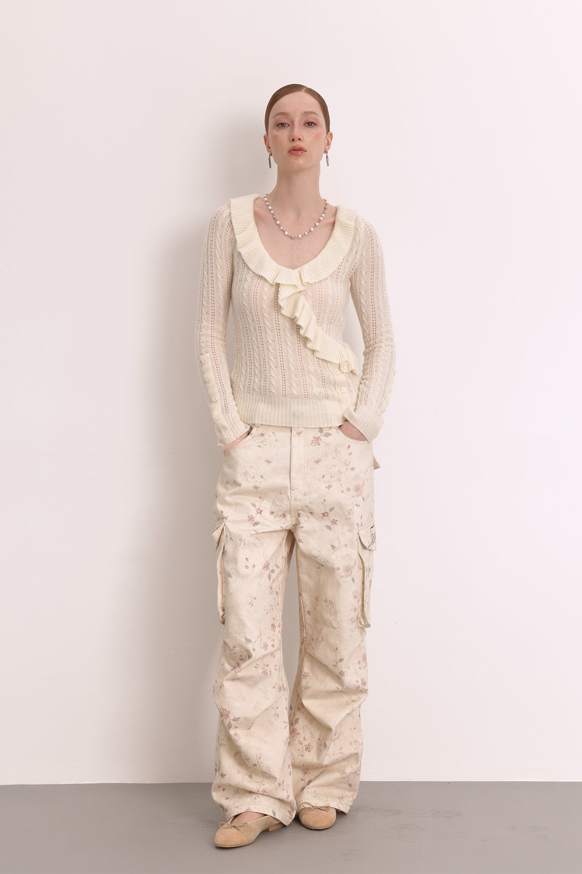FAYCHUI Cable-Knit Cut-Out Ruffle-Hem Slim Sweater