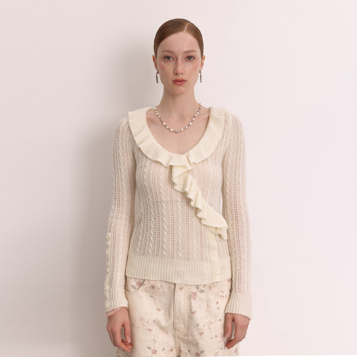 FAYCHUI Cable-Knit Cut-Out Ruffle-Hem Slim Sweater