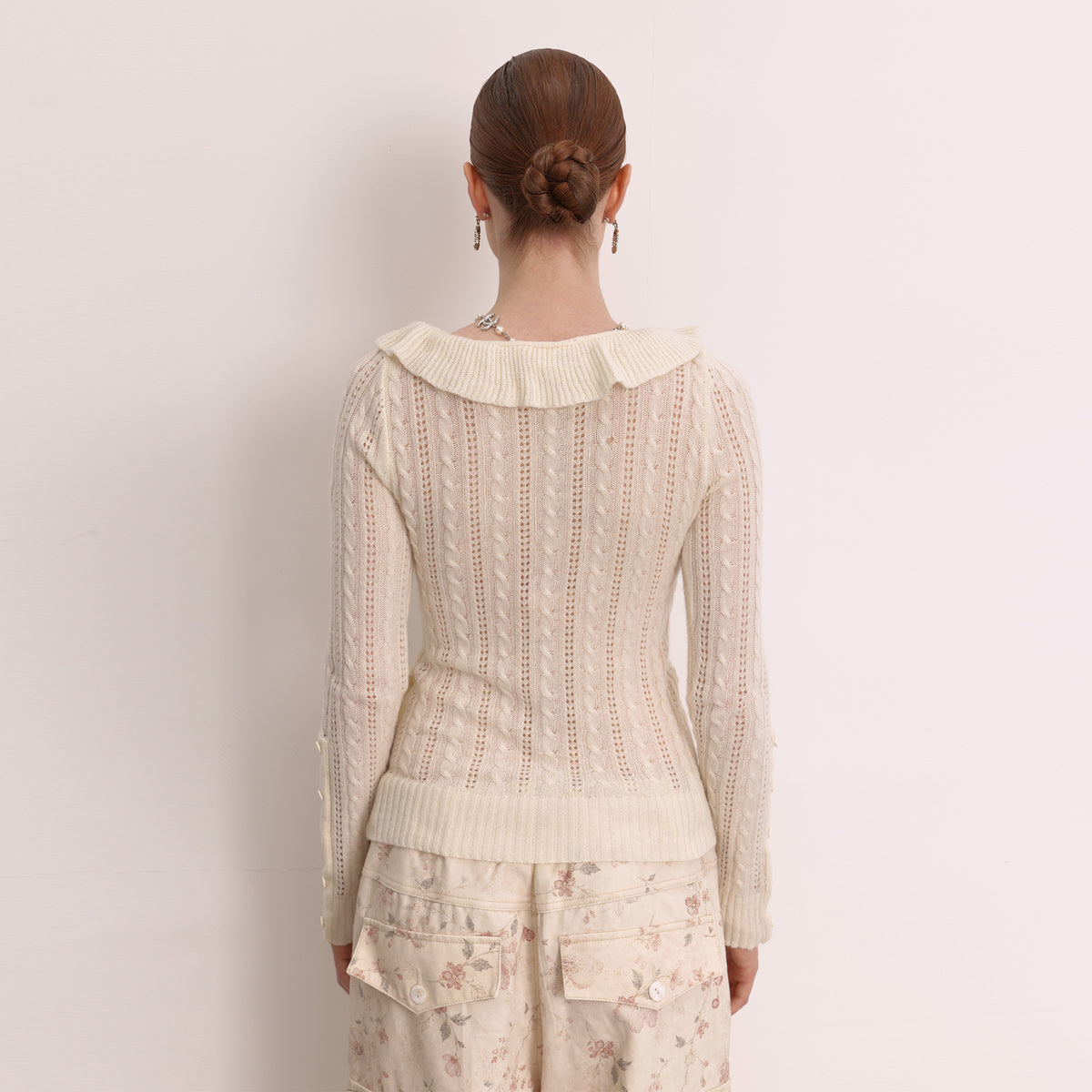 FAYCHUI Cable-Knit Cut-Out Ruffle-Hem Slim Sweater