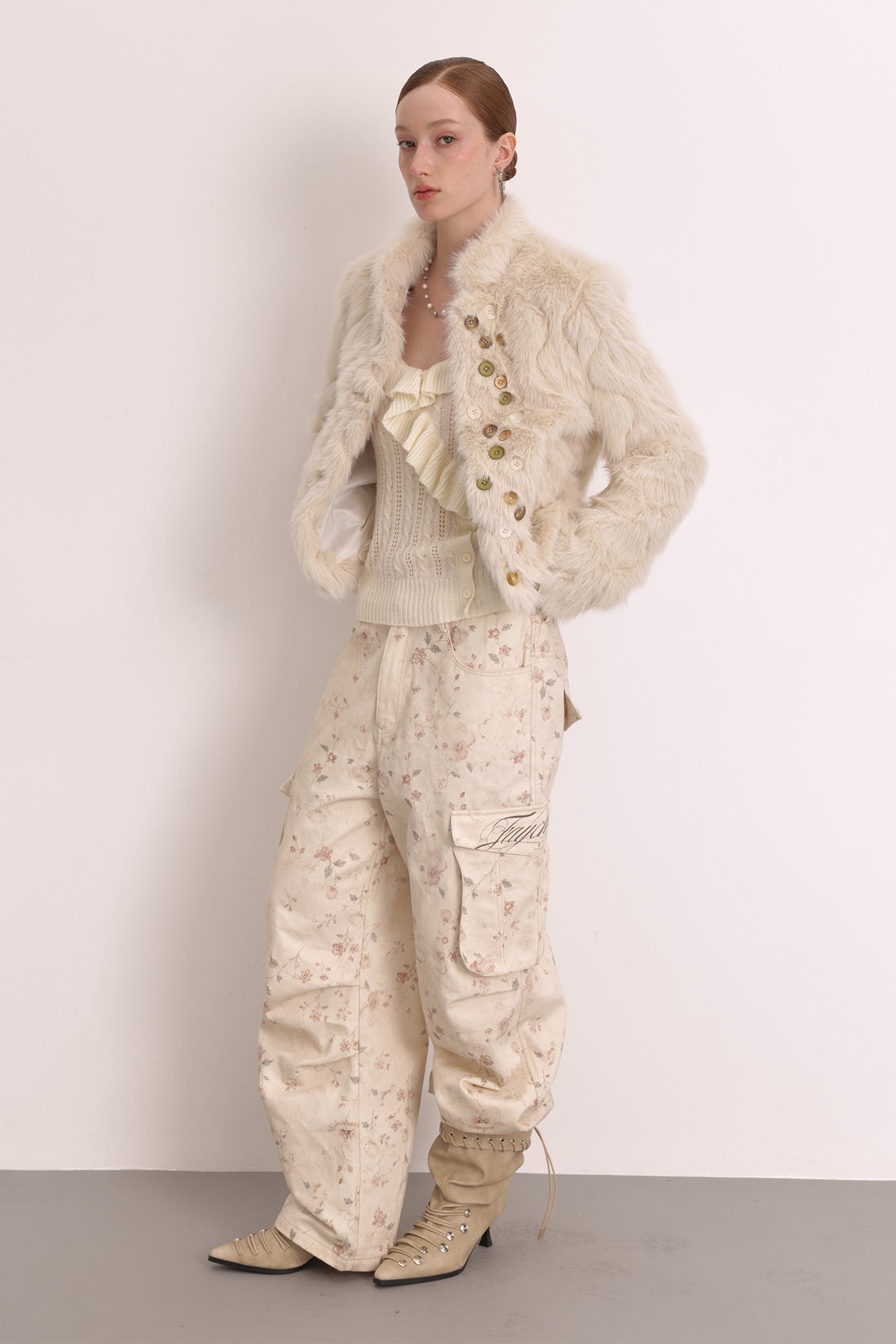 FAYCHUI Multi-Button Embossed Faux Fur Jacket