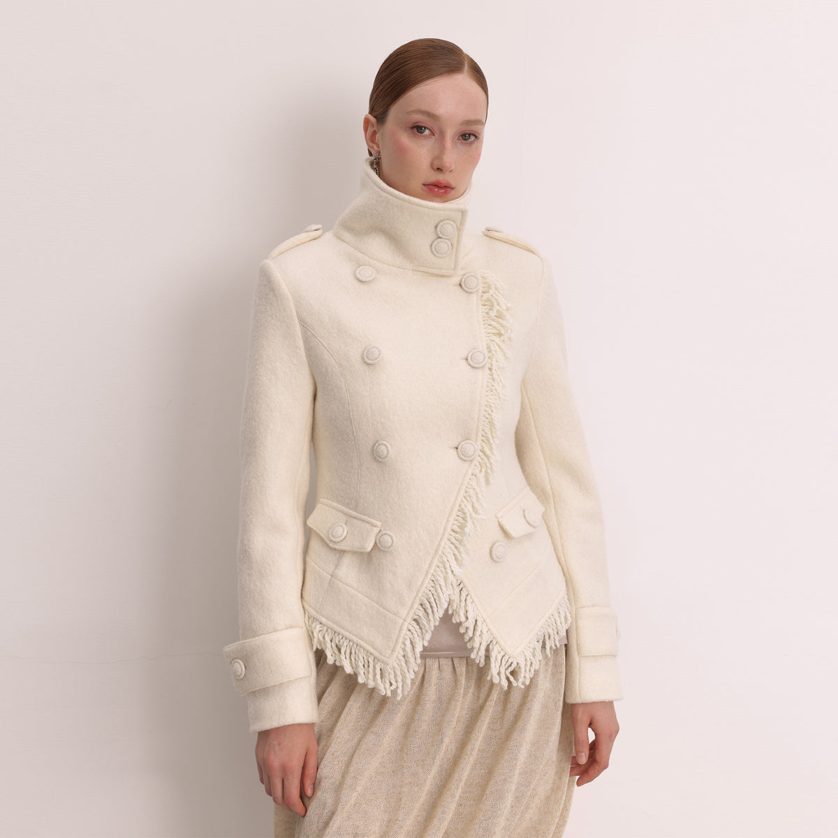 FAYCHUI Wool Double-Breasted Fringed Stand-Collar Jacket