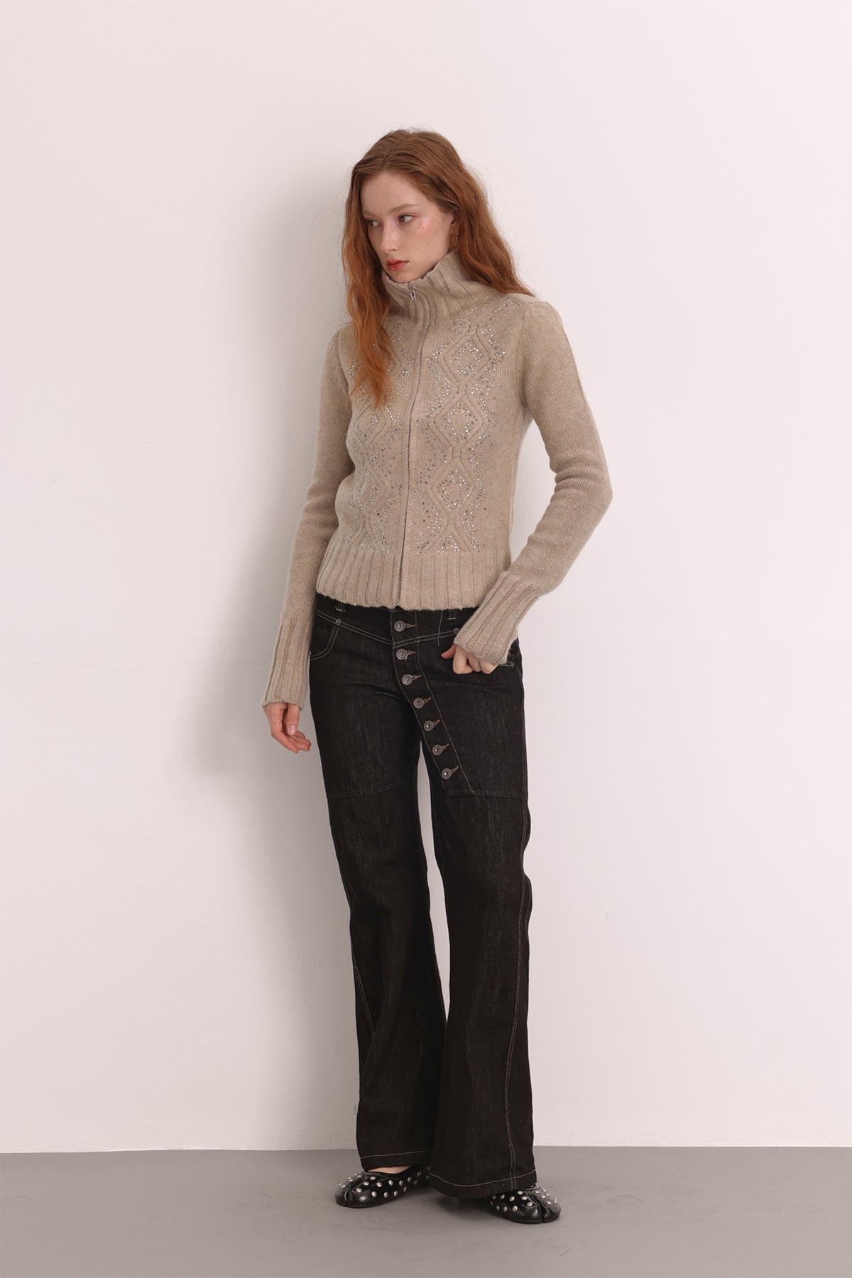 FAYCHUI Diamond Embroidered Ribbed Zip-Up Sweater