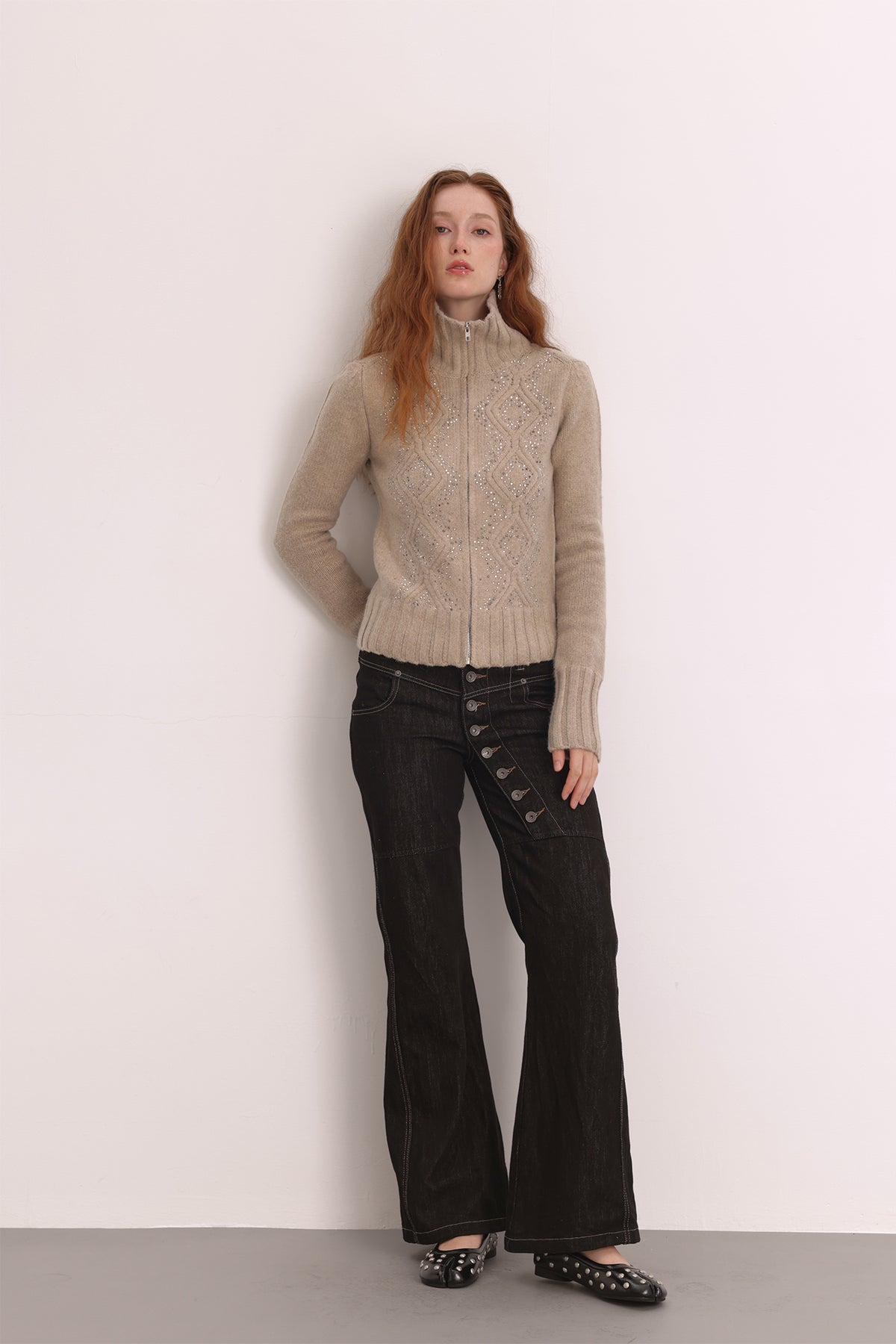 FAYCHUI Diamond Embroidered Ribbed Zip-Up Sweater