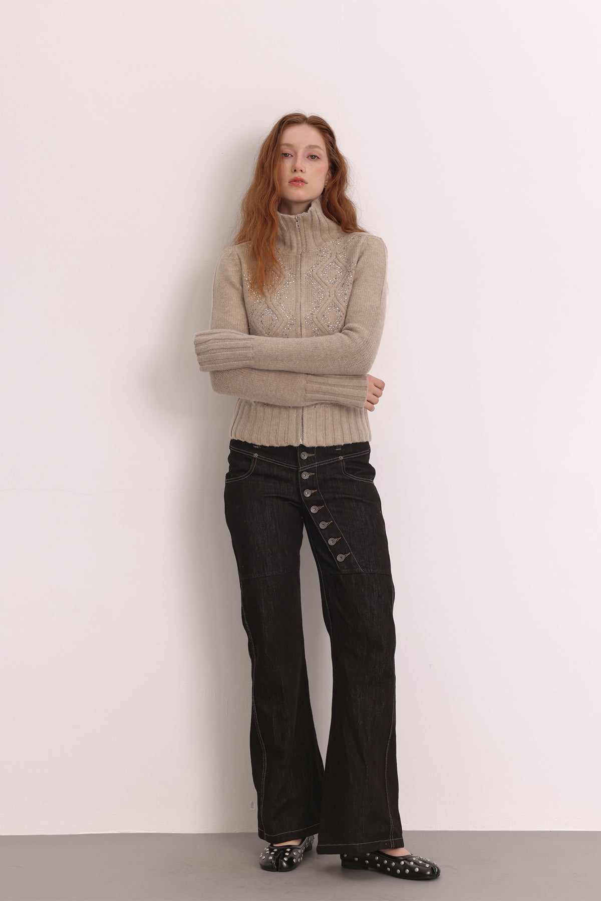 FAYCHUI Diamond Embroidered Ribbed Zip-Up Sweater