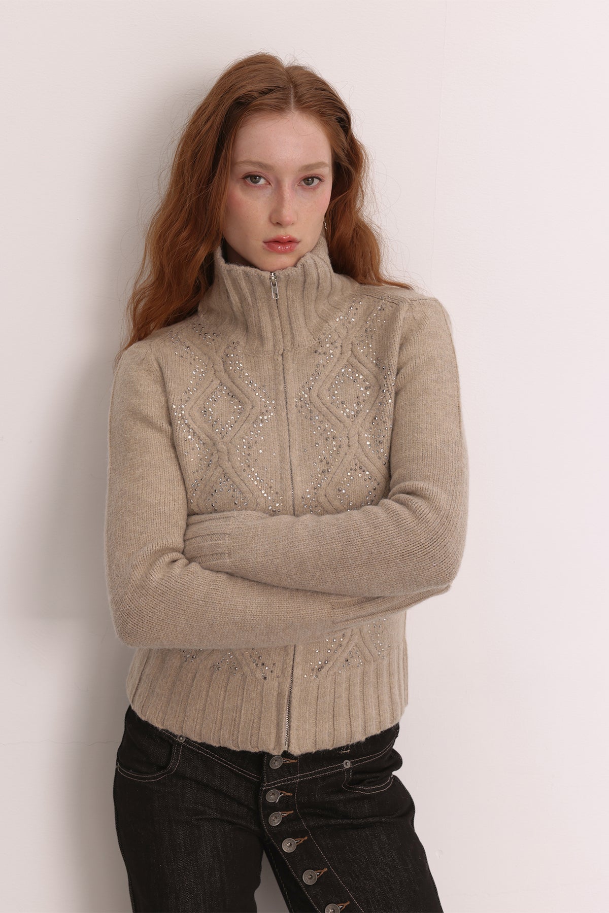 FAYCHUI Diamond Embroidered Ribbed Zip-Up Sweater