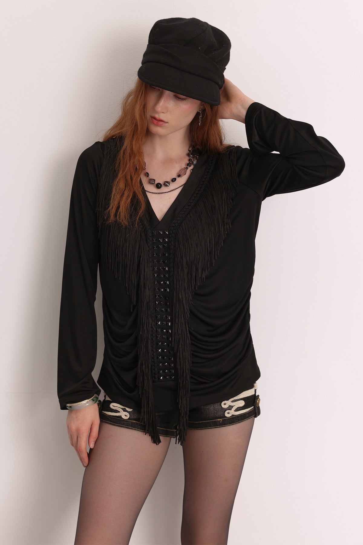 FAYCHUI Diamond Fringe Pleated Long-Sleeve Tee