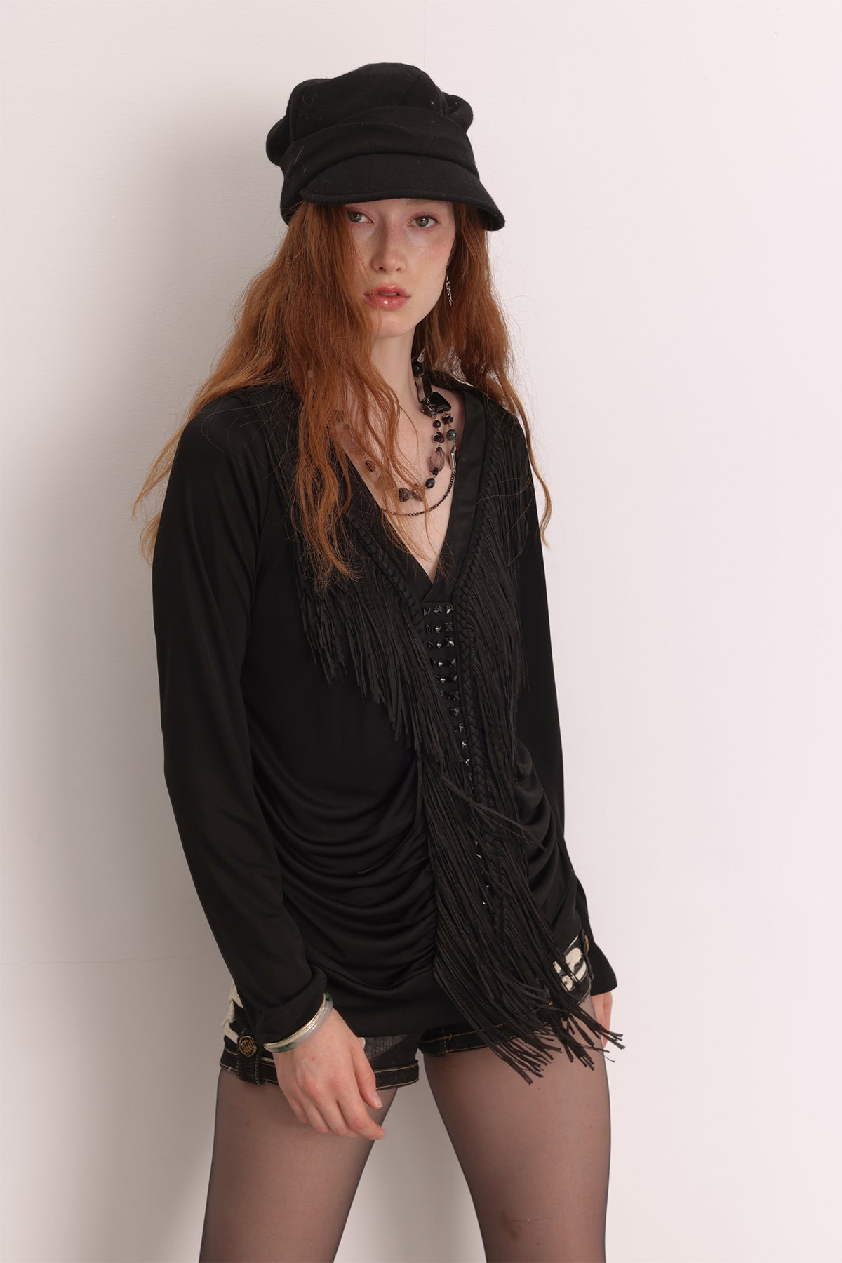 FAYCHUI Diamond Fringe Pleated Long-Sleeve Tee