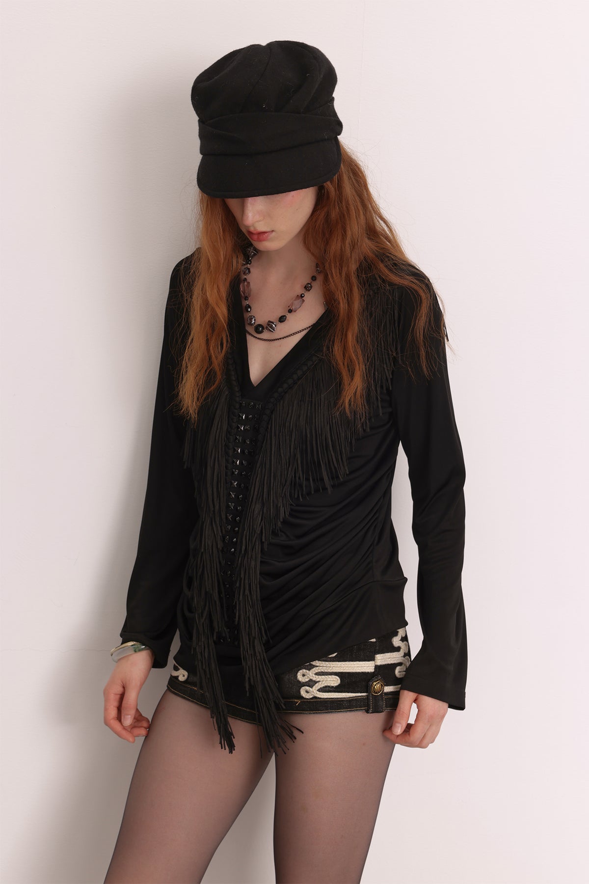FAYCHUI Diamond Fringe Pleated Long-Sleeve Tee
