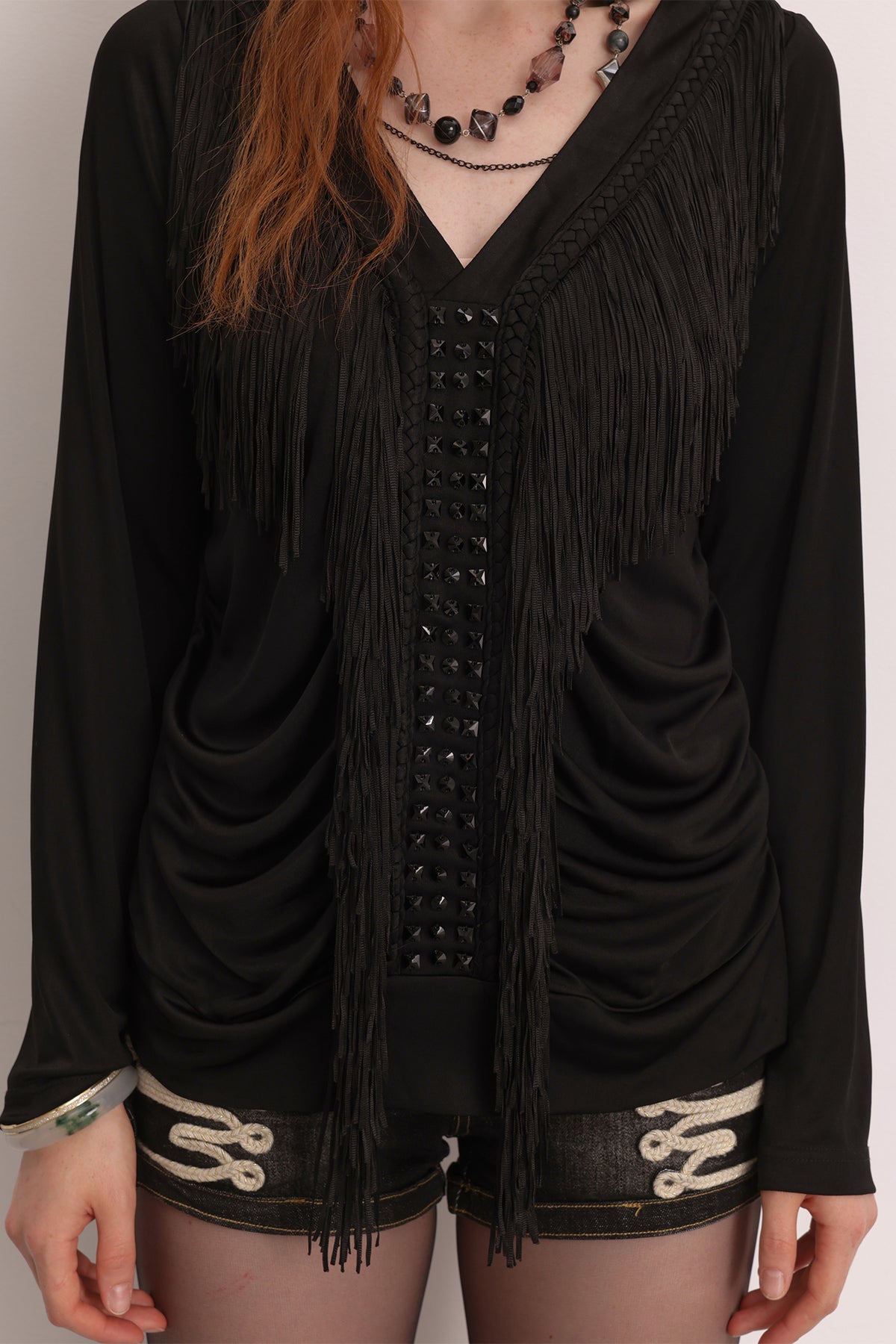 FAYCHUI Diamond Fringe Pleated Long-Sleeve Tee