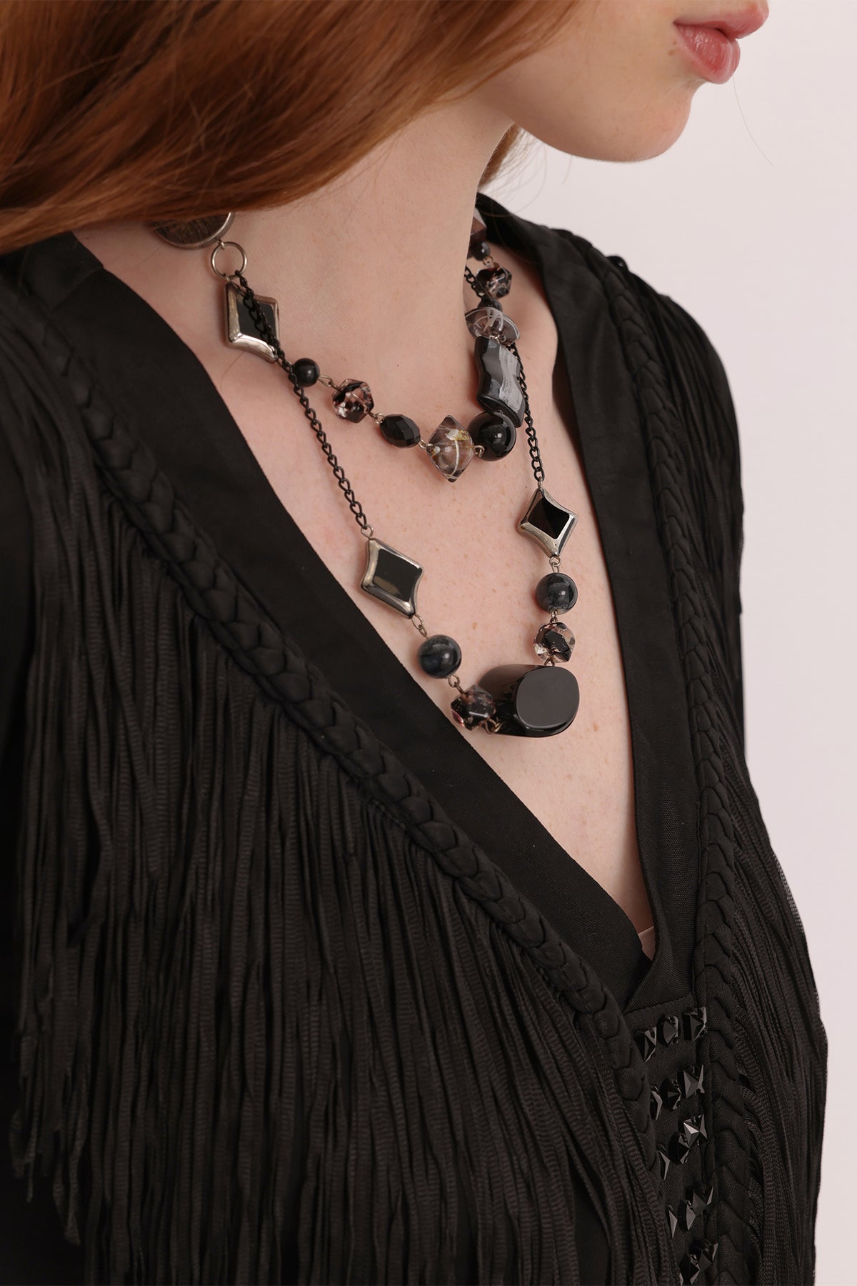 FAYCHUI Diamond Fringe Pleated Long-Sleeve Tee