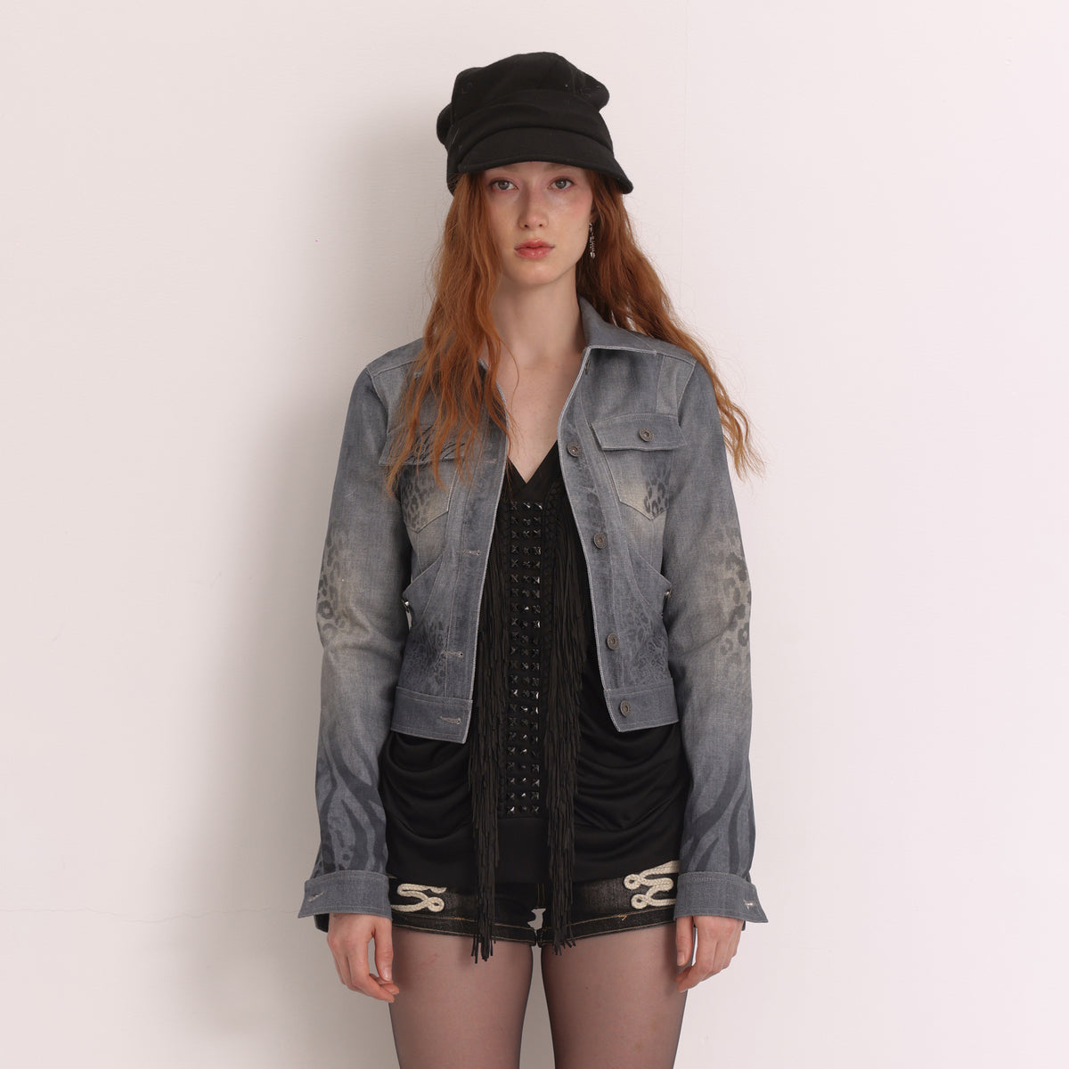 FAYCHUI Retro Washed Leopard-Print Cotton Denim Jacket