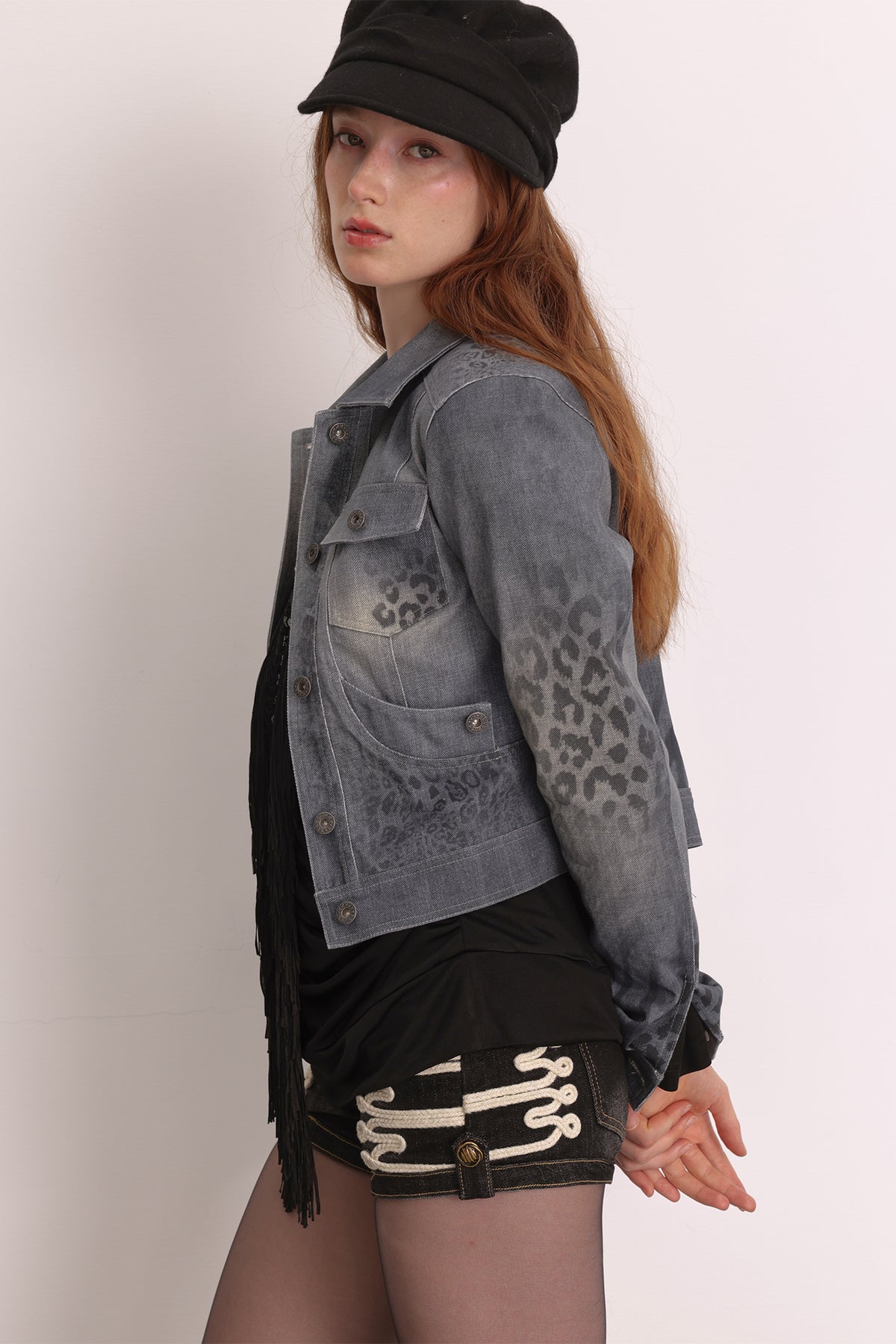 FAYCHUI Retro Washed Leopard-Print Cotton Denim Jacket