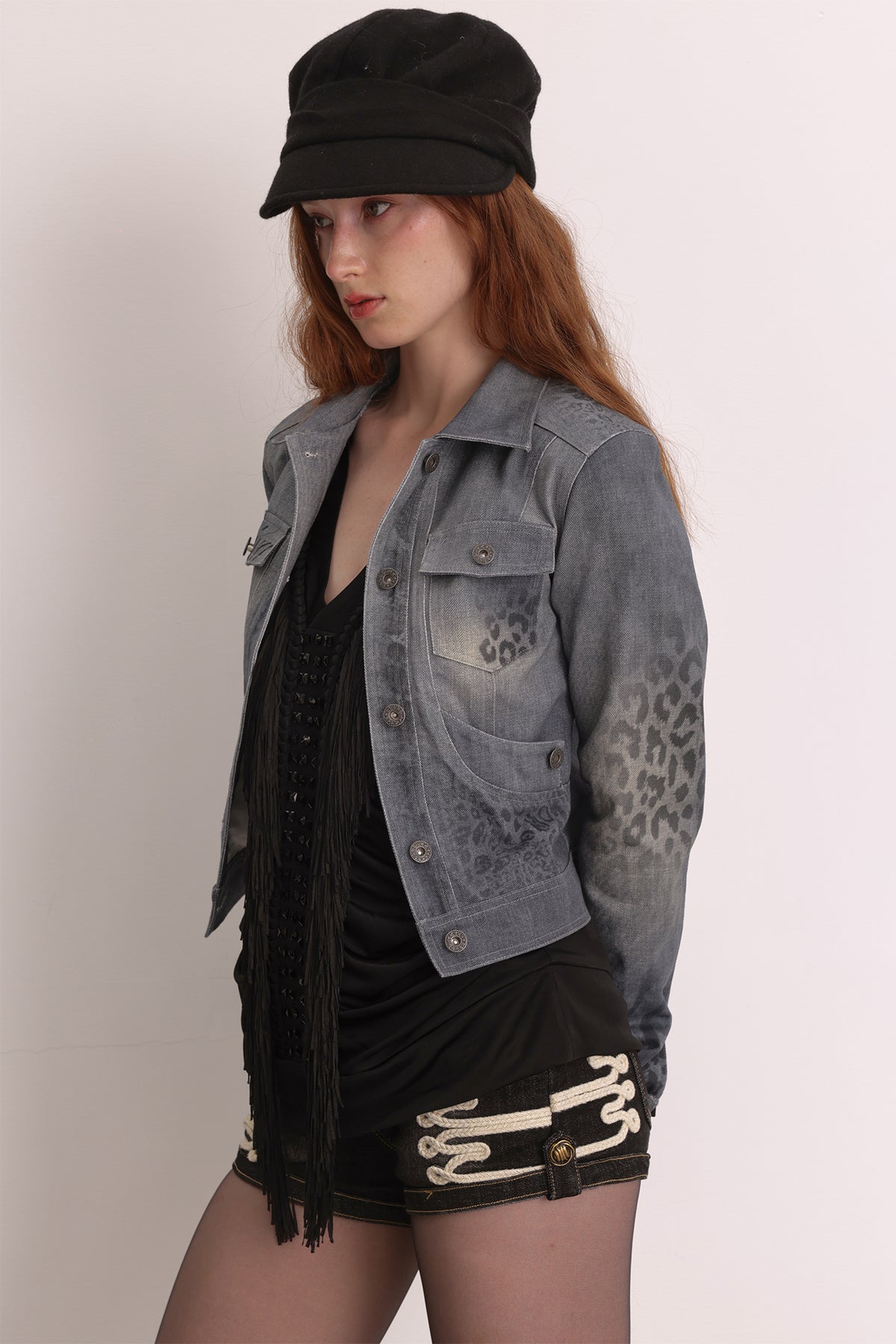 FAYCHUI Retro Washed Leopard-Print Cotton Denim Jacket