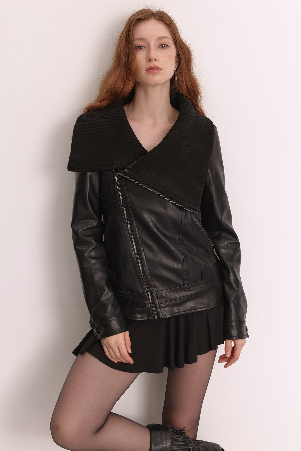 FAYCHUI Faux-Leather Asymmetric Zip Funnel-Neck Jacket