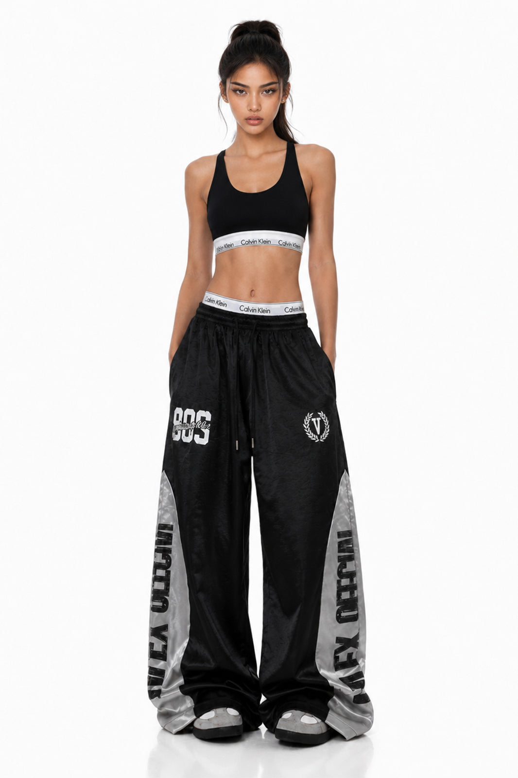 FREE CENTER Spliced Glossy Wide-Leg Sweatpants