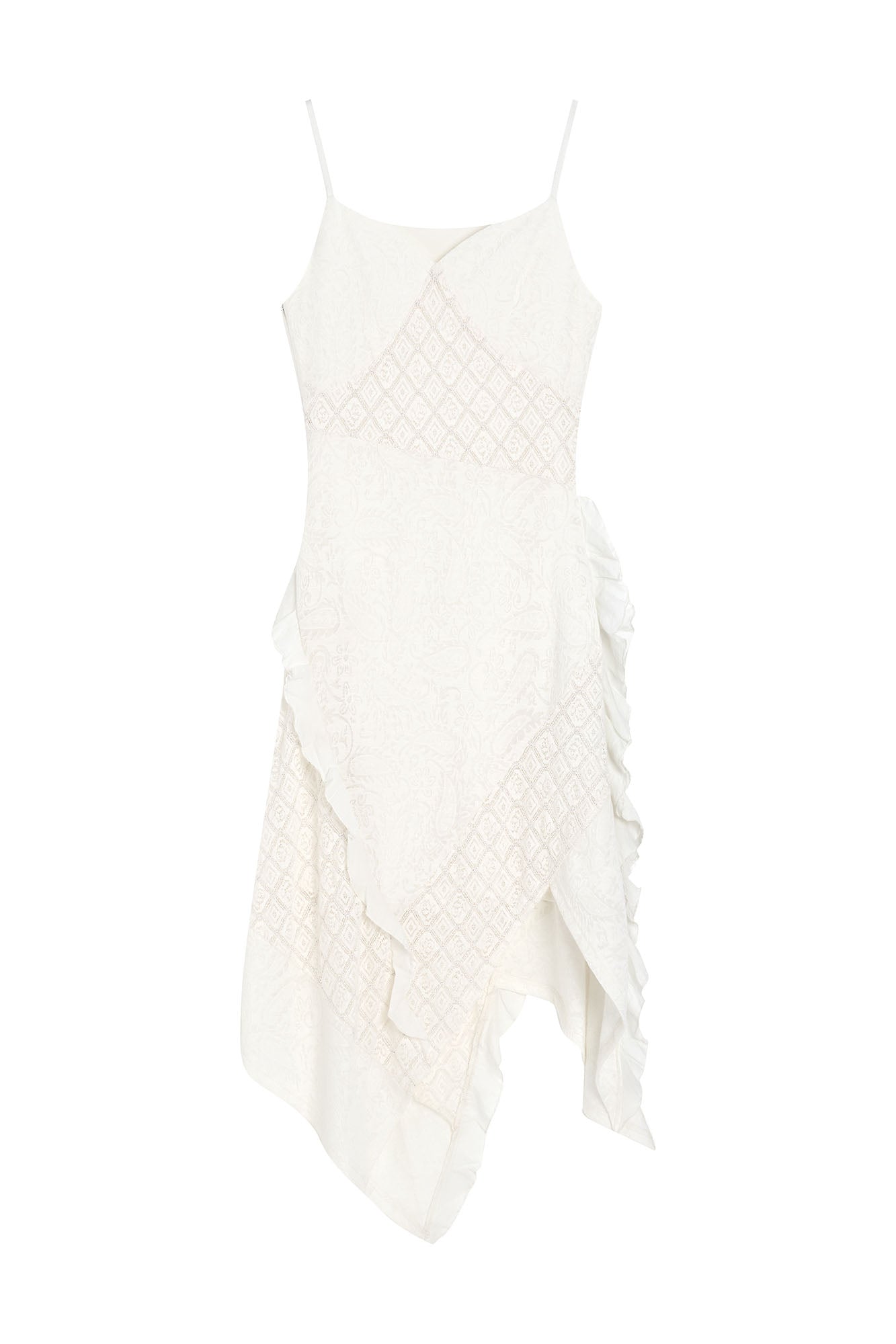 SAME FLOW Ruffle Asym Slip Lace-Panel Dress