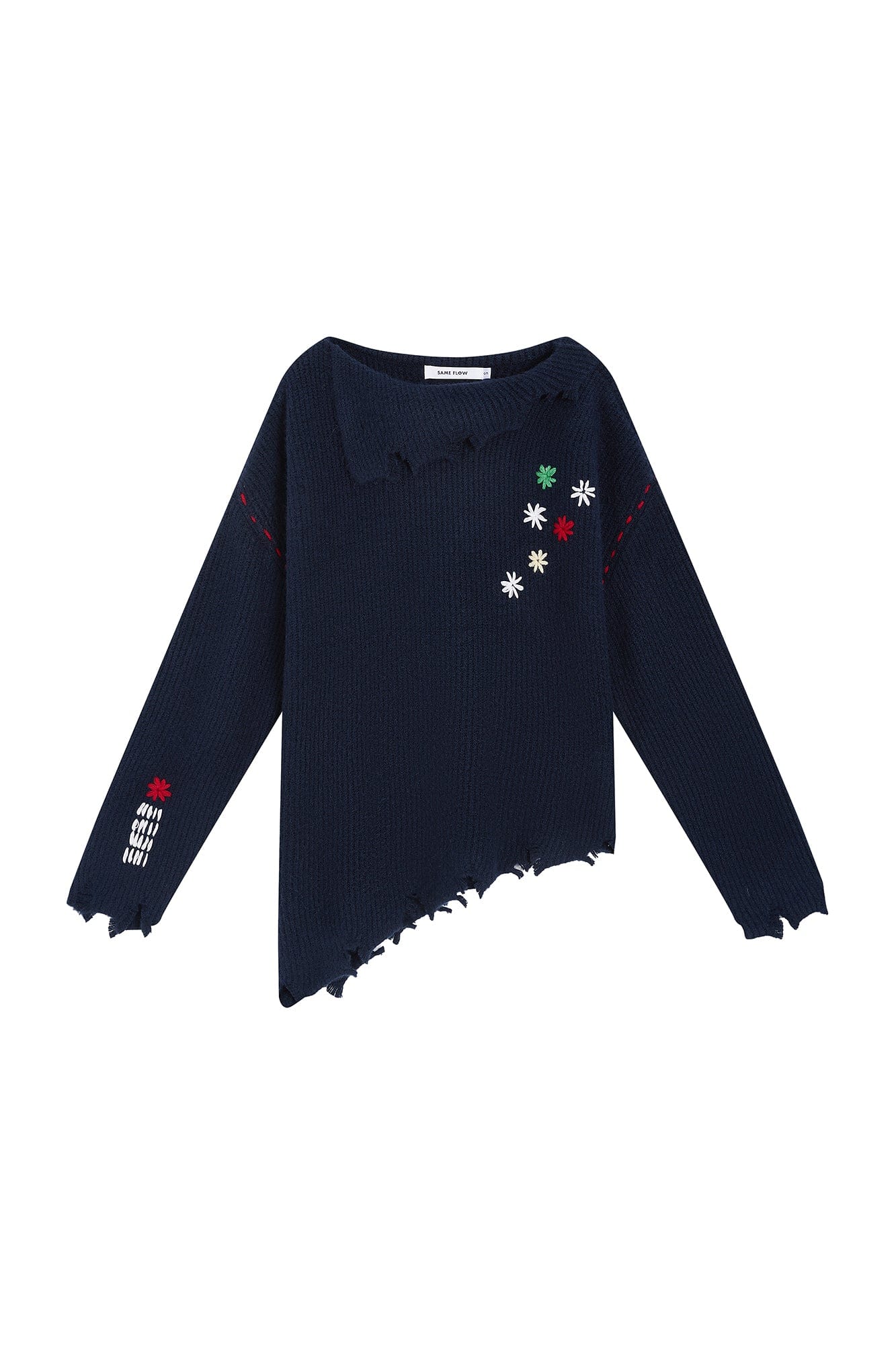SAME FLOW Distressed Floral Embroidered Sweater