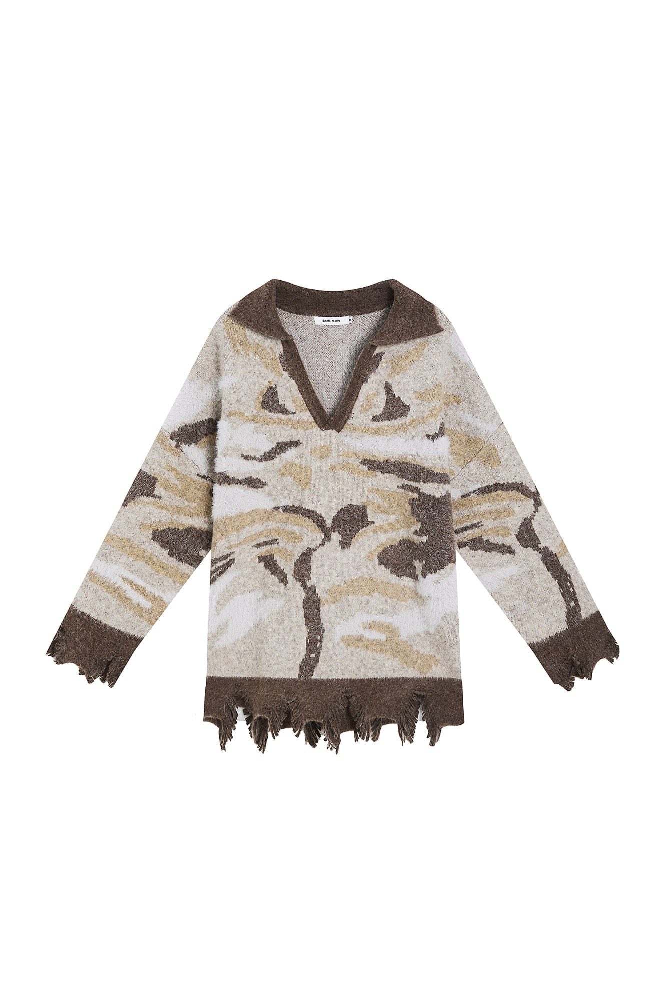 SAME FLOW Raw Hem Cat Jacquard Polo Sweater