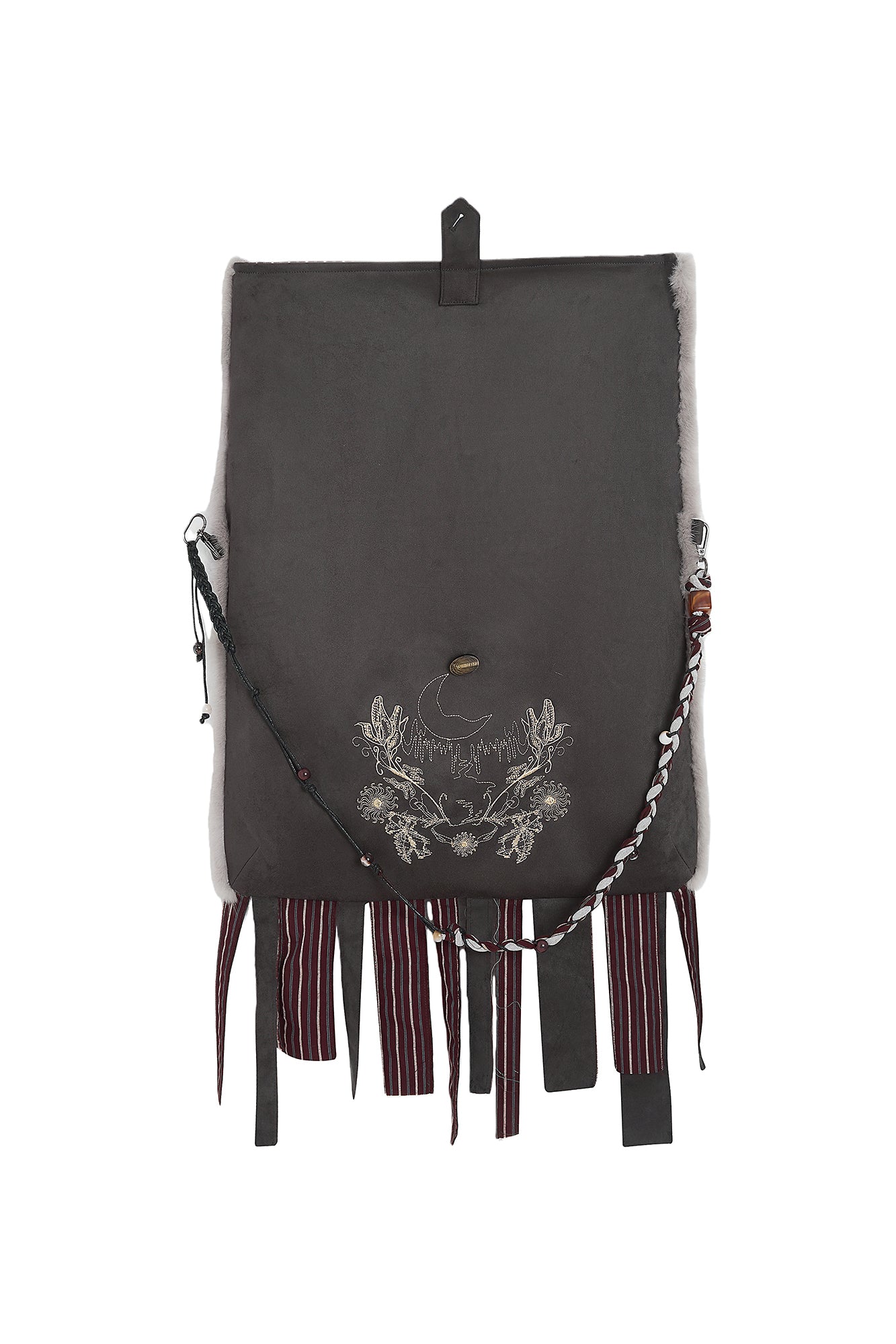 SAME FLOW Embroidered Faux Suede Fringe Messenger Bag