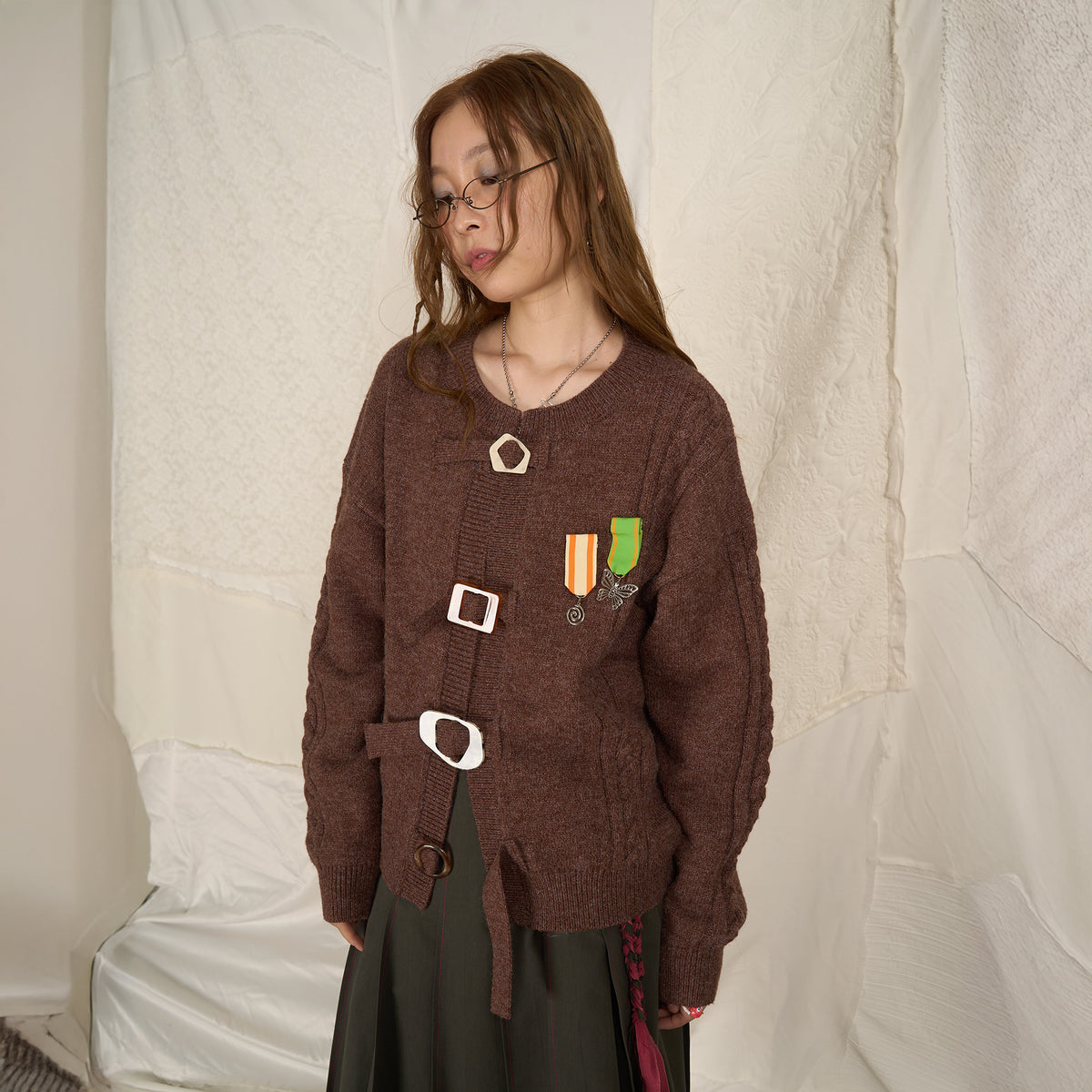 HSUSE Cable-Knit Buckle-Strap Cardigan